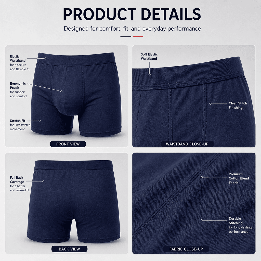 4 Pack Trunks – Comfortable Everyday Innerwear (Navy Blue, Dark Blue, Light Blue)