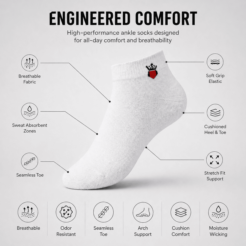 3 Pair Ankle Socks – Everyday Comfort (White, Light Grey, Black)