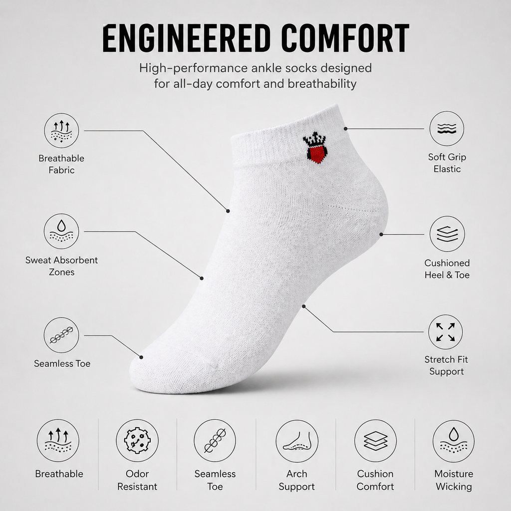 Jockey + Crown Heart 6 Pairs Ankle Socks Combo – Everyday Comfort & Style (Black, Grey, White)