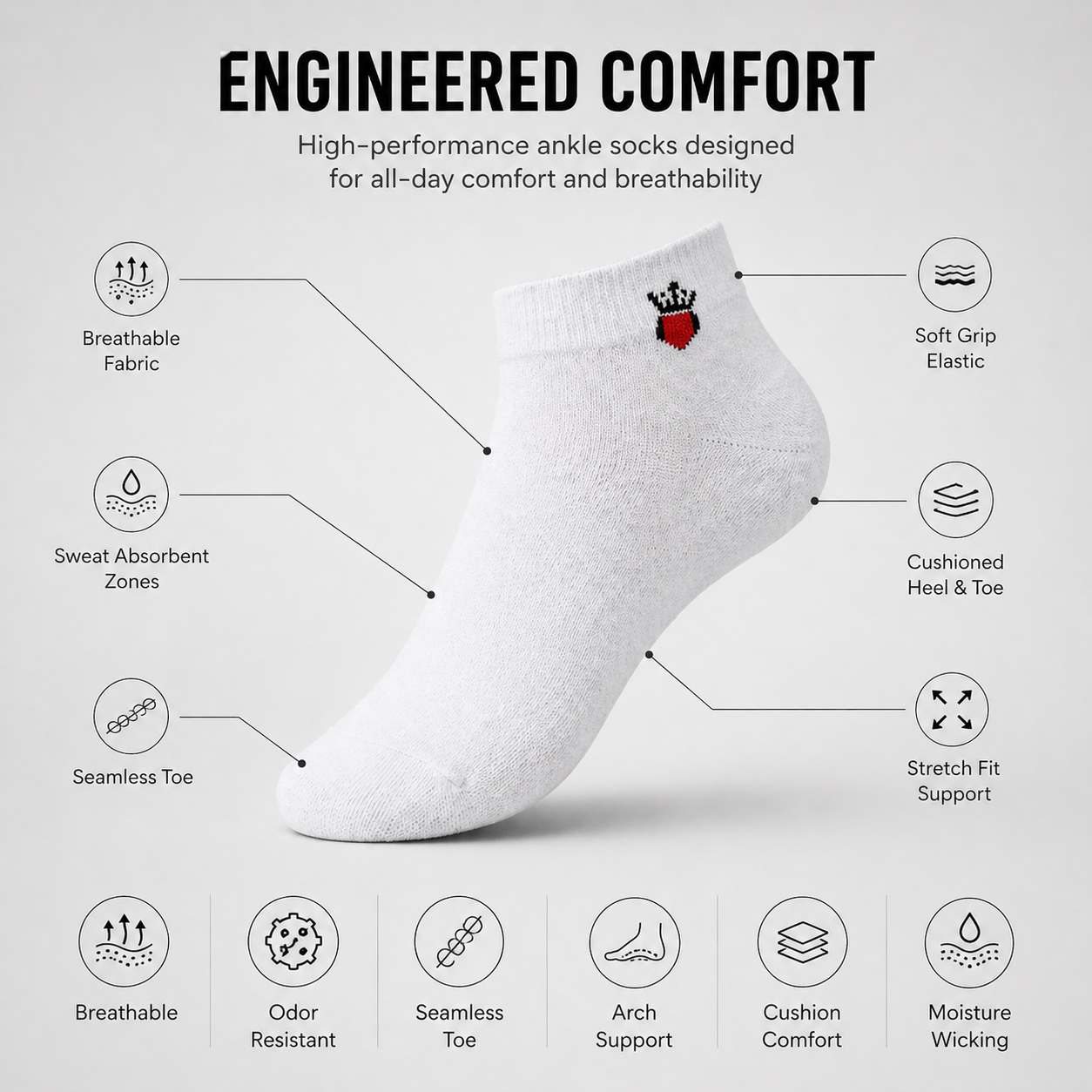 Jockey + Crown Heart 6 Pairs Ankle Socks Combo – Everyday Comfort & Style (Black, Grey, White)