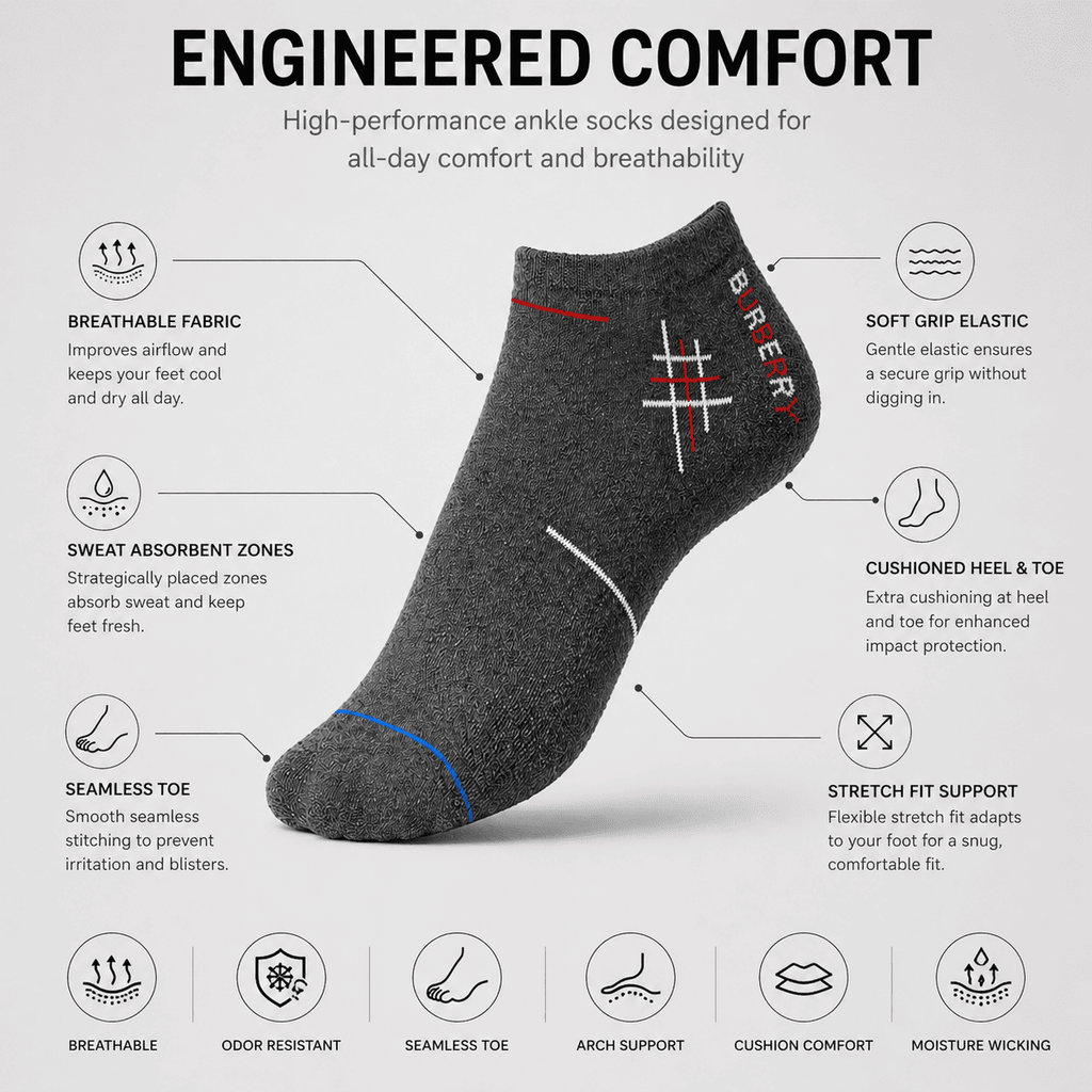 Burberry 3 Pair Ankle Socks Combo – Low Cut Everyday Comfort Socks (Dark Grey, Light Grey, Black)