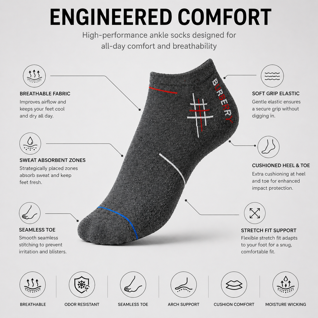 Burberry + US Polo Assn 6 Pairs Ankle Socks Combo – Everyday Comfort & Style (Black, Grey, White)