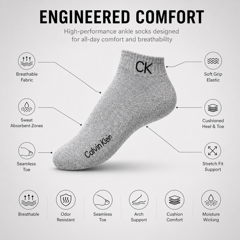 Nike + Calvin Klein 6 Pairs Ankle Socks Combo – Everyday Comfort & Style (Black, Grey, White)