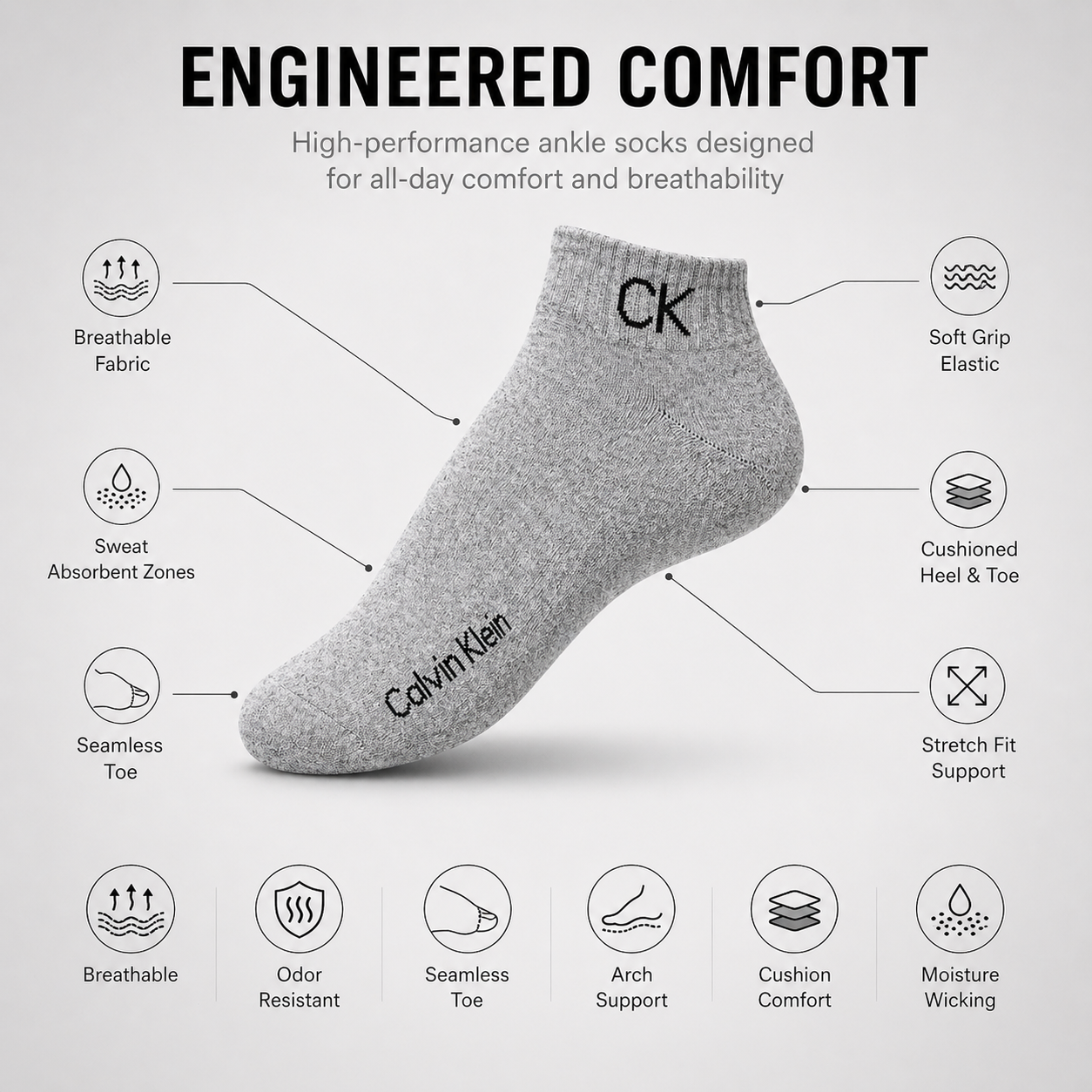 Nike + Calvin Klein 6 Pairs Ankle Socks Combo – Everyday Comfort & Style (Black, Grey, White)