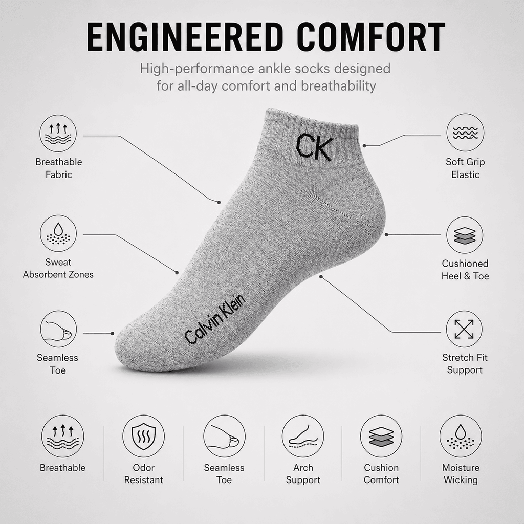 Calvin Klein 3 Pair Ankle Socks – Everyday Comfort (Grey, White, Black)