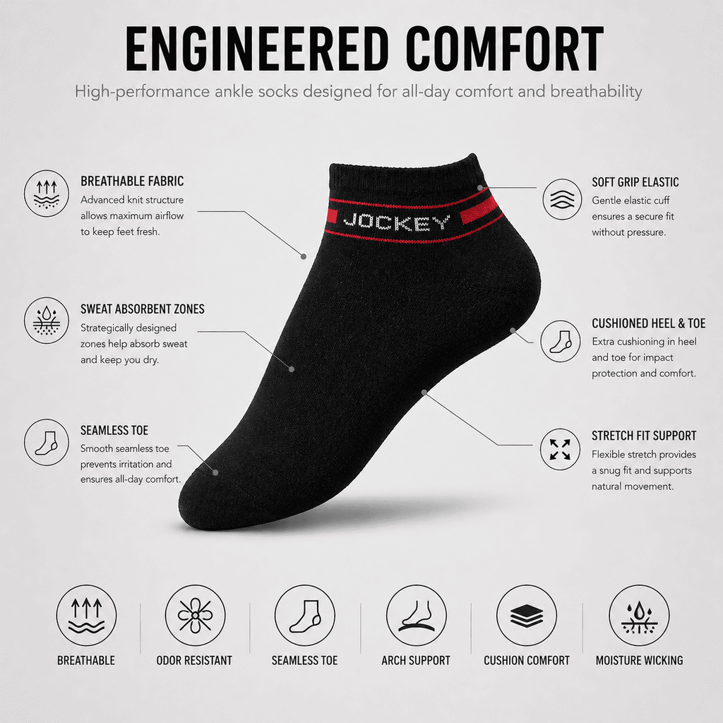 Jockey 3 Pair Ankle Socks – Everyday Comfort (Black, Light Grey, White)