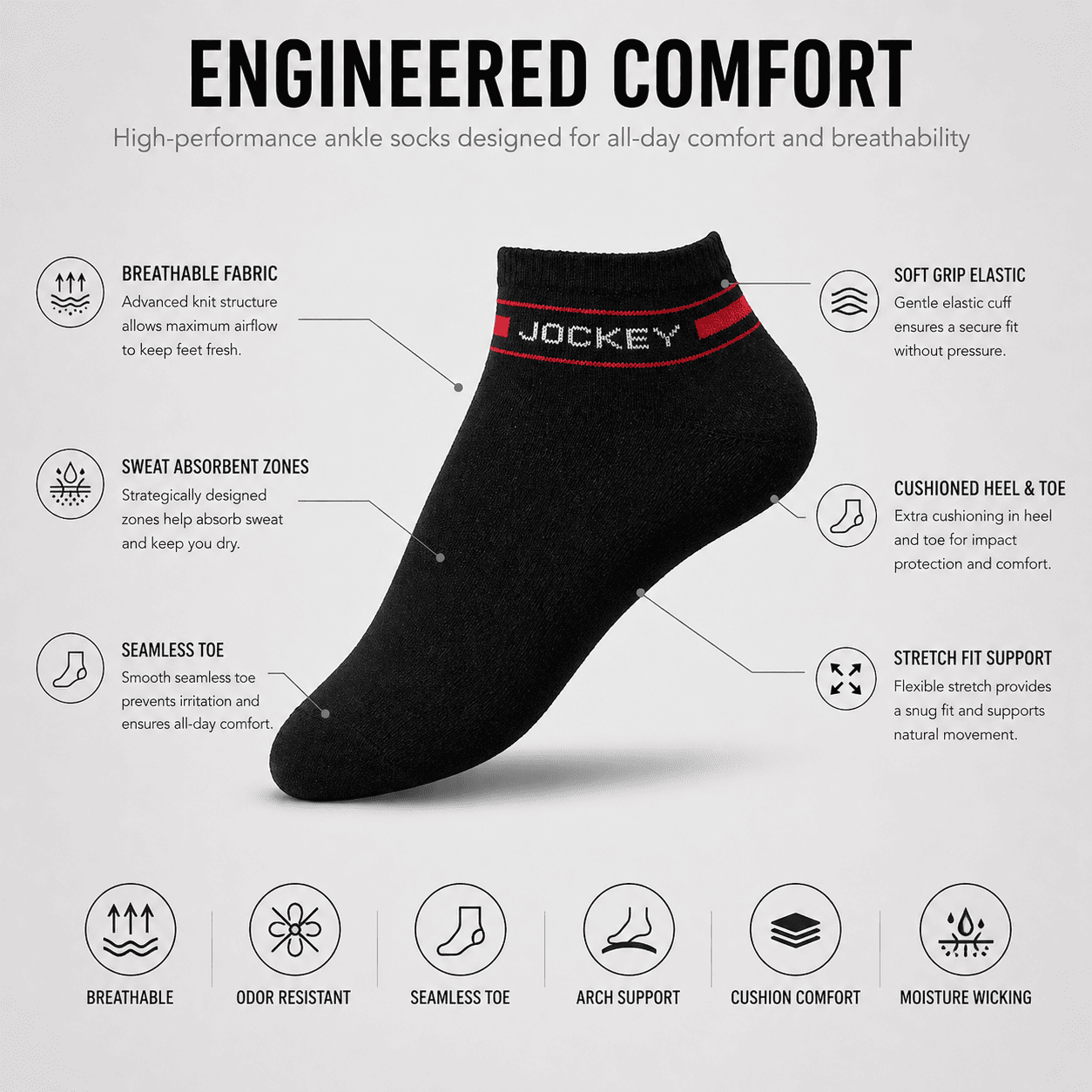 Jockey 3 Pair Ankle Socks – Everyday Comfort (Black, Light Grey, White)