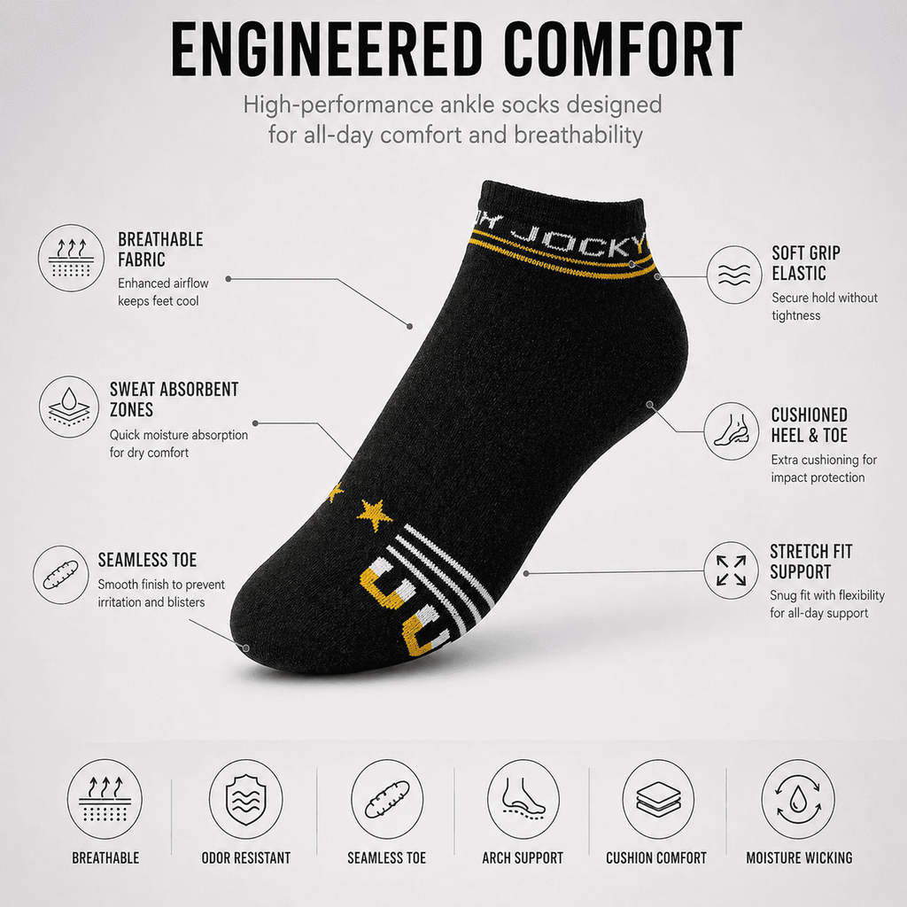 Jockey 3 Pair Ankle Socks – Everyday Comfort (Black, Dark Grey, Light Grey)