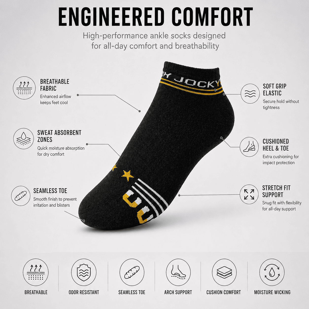 Jockey 3 Pair Ankle Socks – Everyday Comfort (Black, Dark Grey, Light Grey)