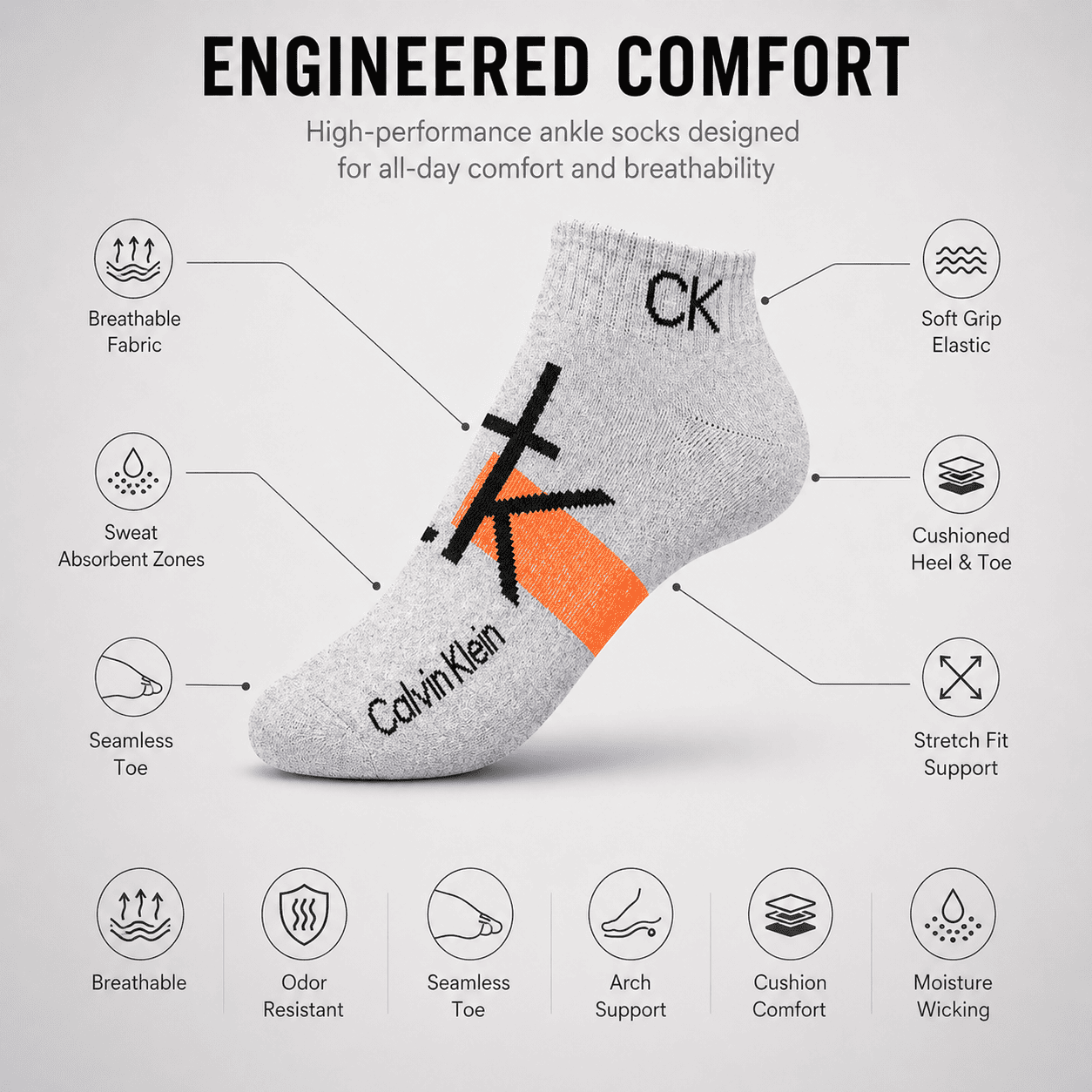 Calvin Klein 3 Pair Ankle Socks – Everyday Comfort (Light Grey, Dark Grey, Black)