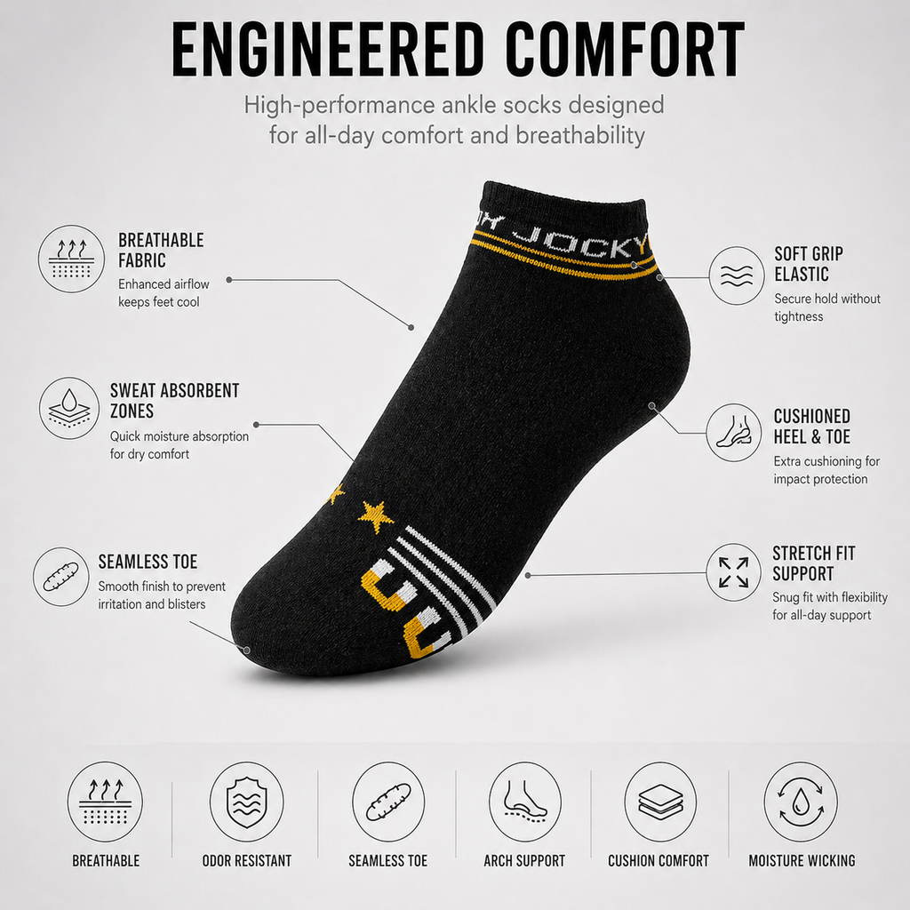 Jockey + Levi’s 6 Pairs Ankle Socks Combo – Everyday Comfort & Style (Black, Grey, White)