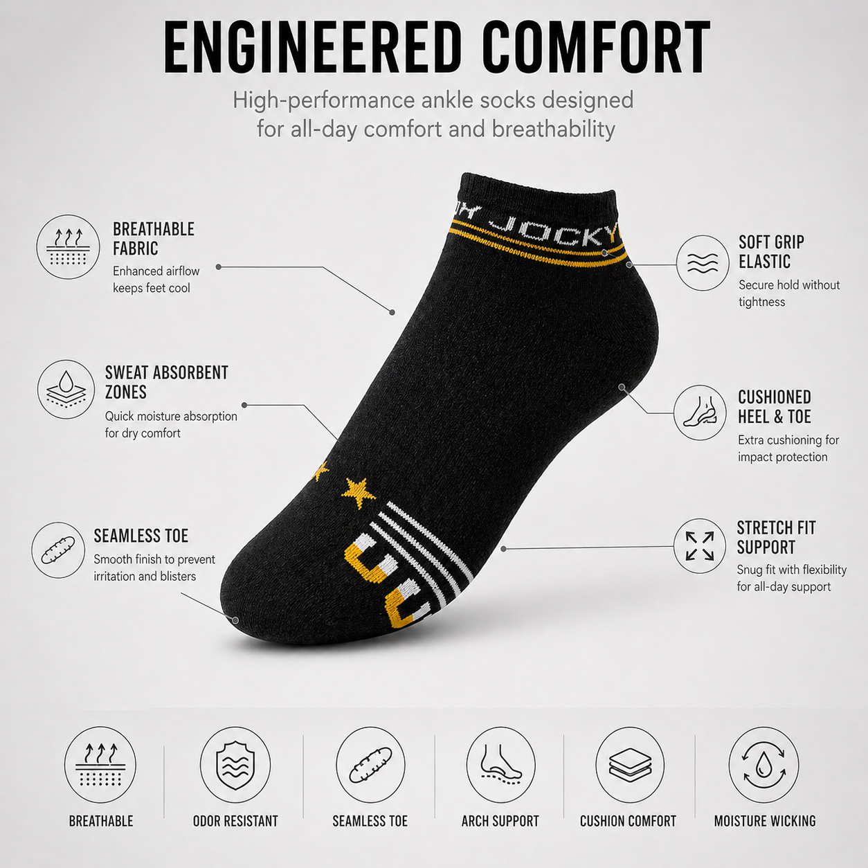 Jockey + Levi’s 6 Pairs Ankle Socks Combo – Everyday Comfort & Style (Black, Grey, White)