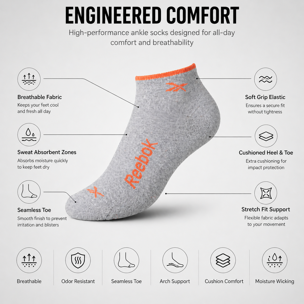 Reebok + Jockey 6 Pairs Ankle Socks Combo – Everyday Comfort & Style (Black, Grey, Light Grey)