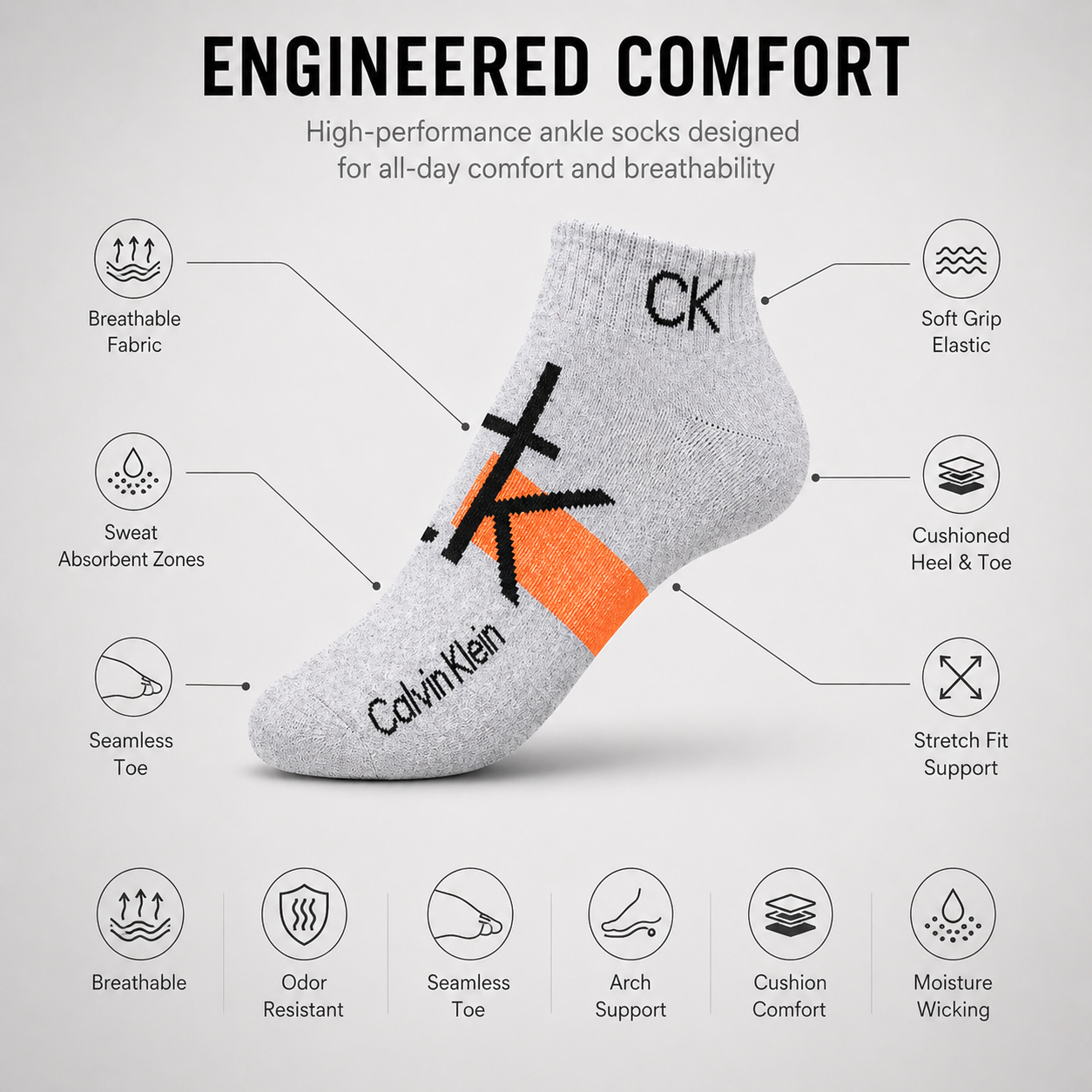 Calvin Klein + US Polo 6 Pairs Ankle Socks Combo – Everyday Comfort & Style (Black, Grey, White)