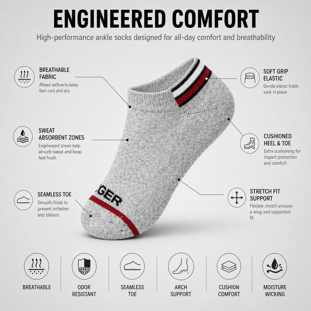 3 Pair Ankle Socks – Everyday Comfort (Grey, Black, White)