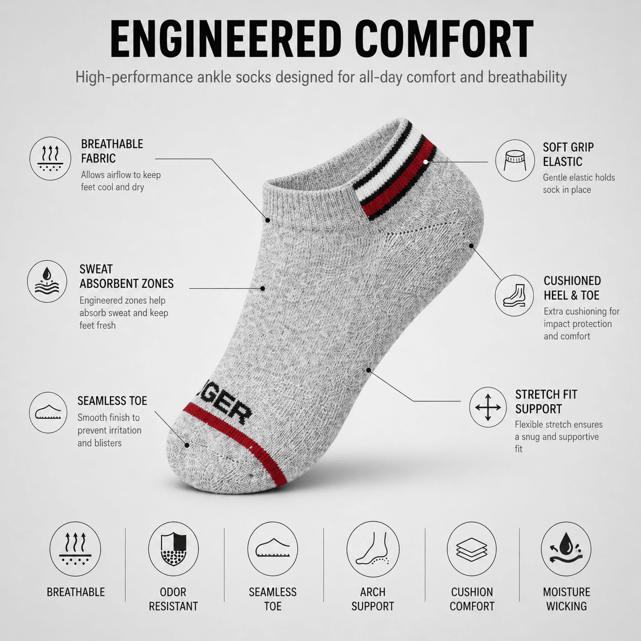 3 Pair Ankle Socks – Everyday Comfort (Grey, Black, White)