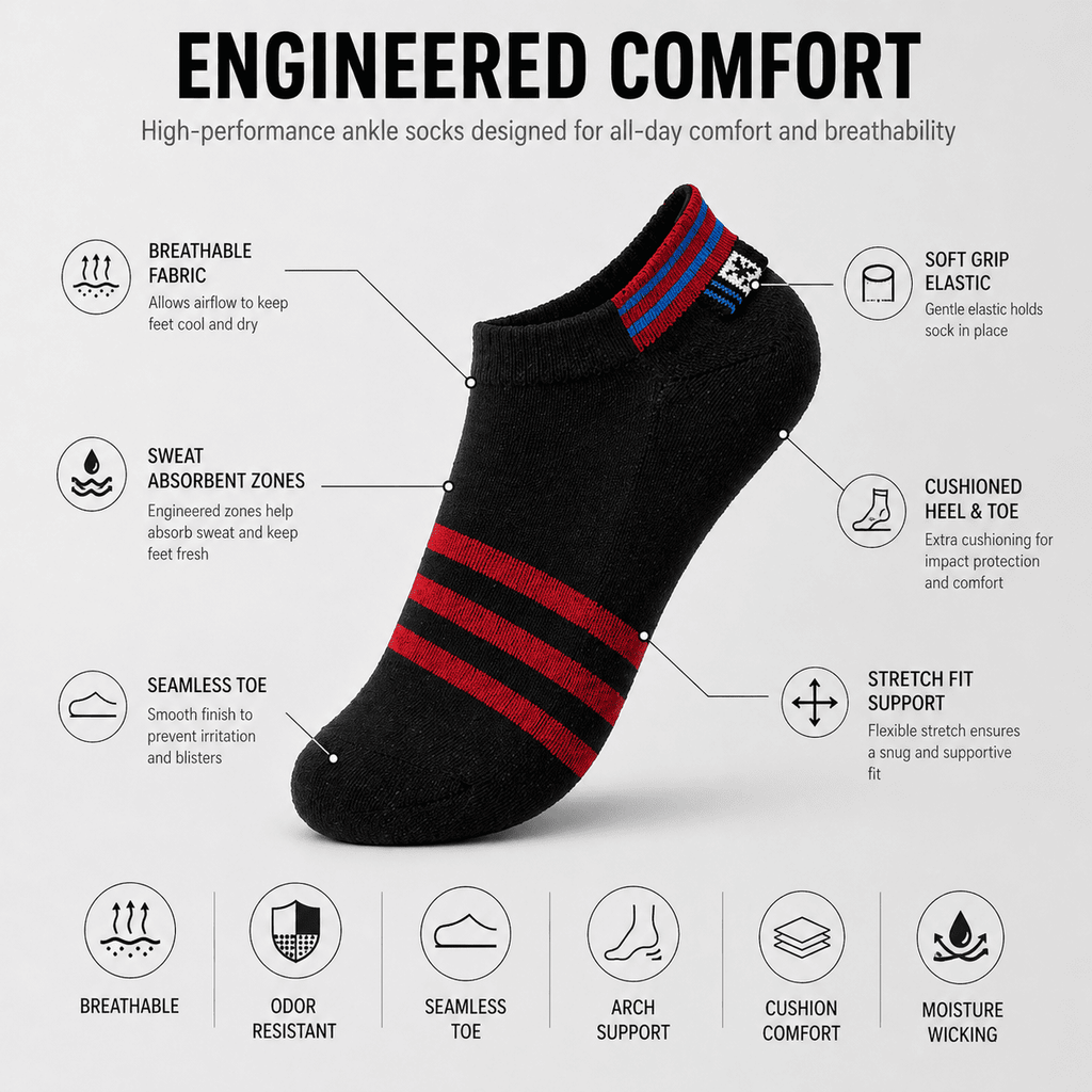 3 Pair Ankle Socks – Everyday Comfort Striped Design (Black, White, Grey)