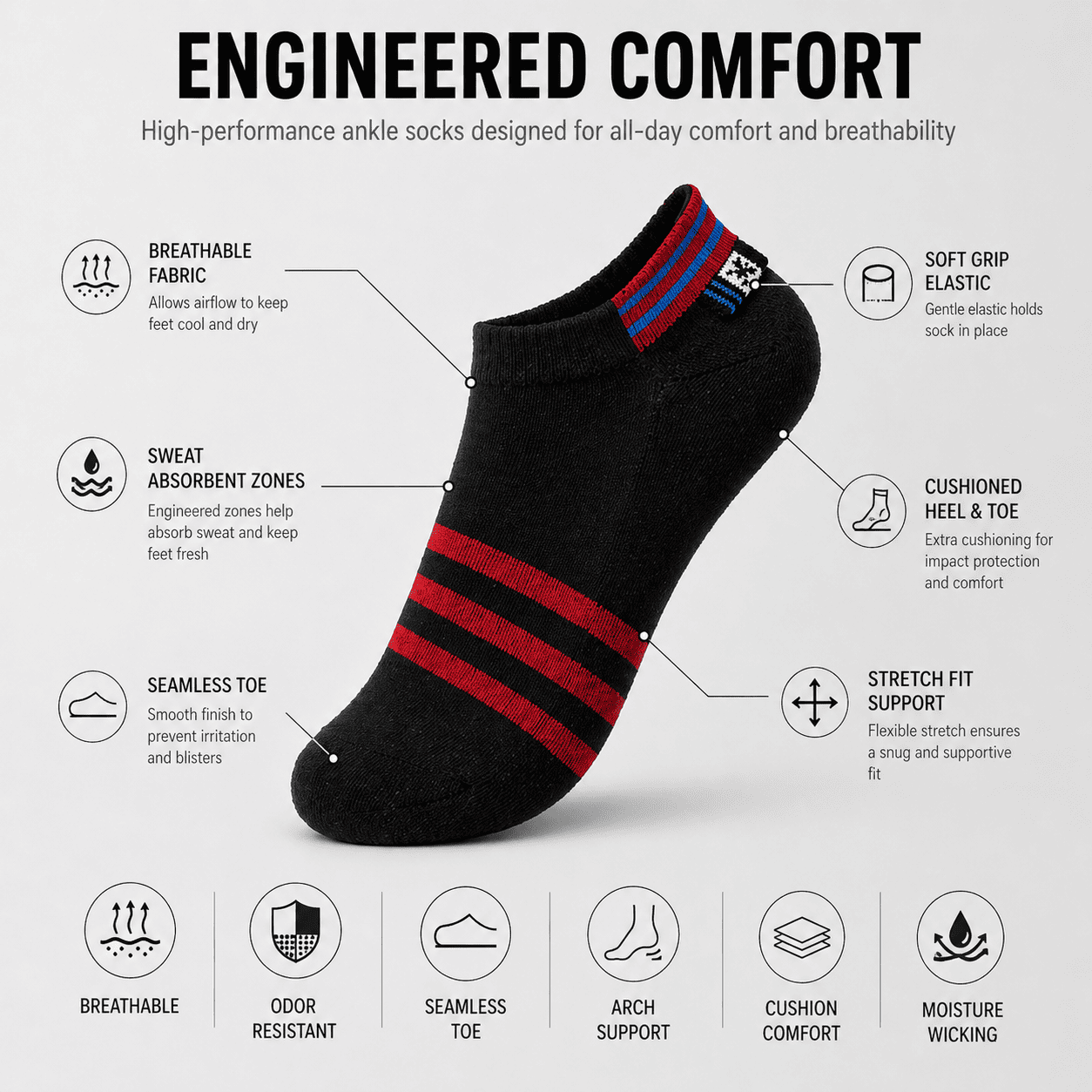 3 Pair Ankle Socks – Everyday Comfort Striped Design (Black, White, Grey)