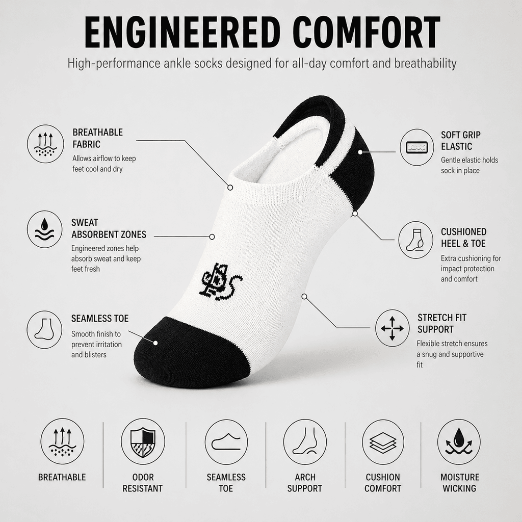 5 Pair No Show Socks – Everyday Comfort Invisible Fit (Black & White)