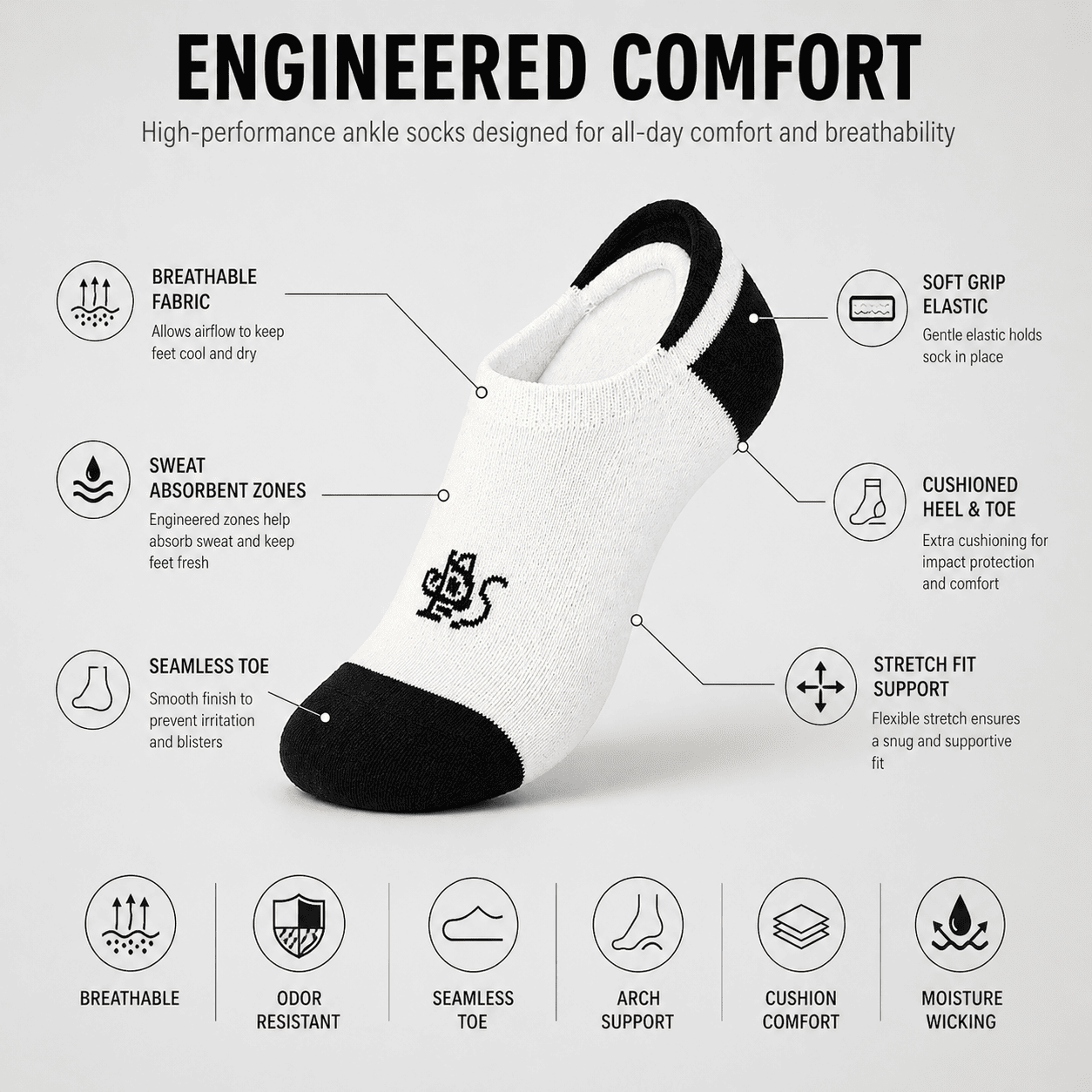 5 Pair No Show Socks – Everyday Comfort Invisible Fit (Black & White)