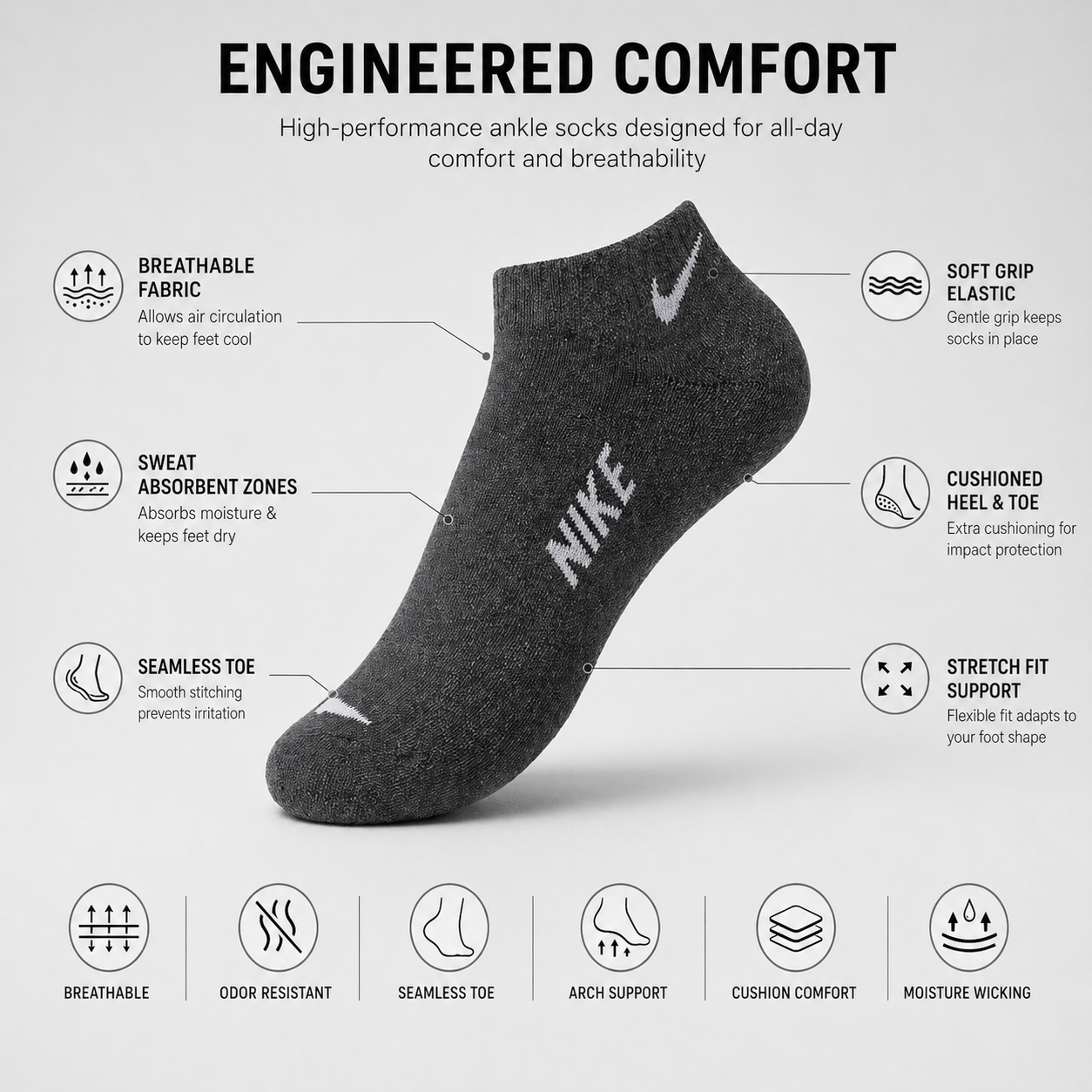 Nike + US Polo 6 Pairs Ankle Socks Combo – Everyday Comfort & Style (Black, Grey, White)