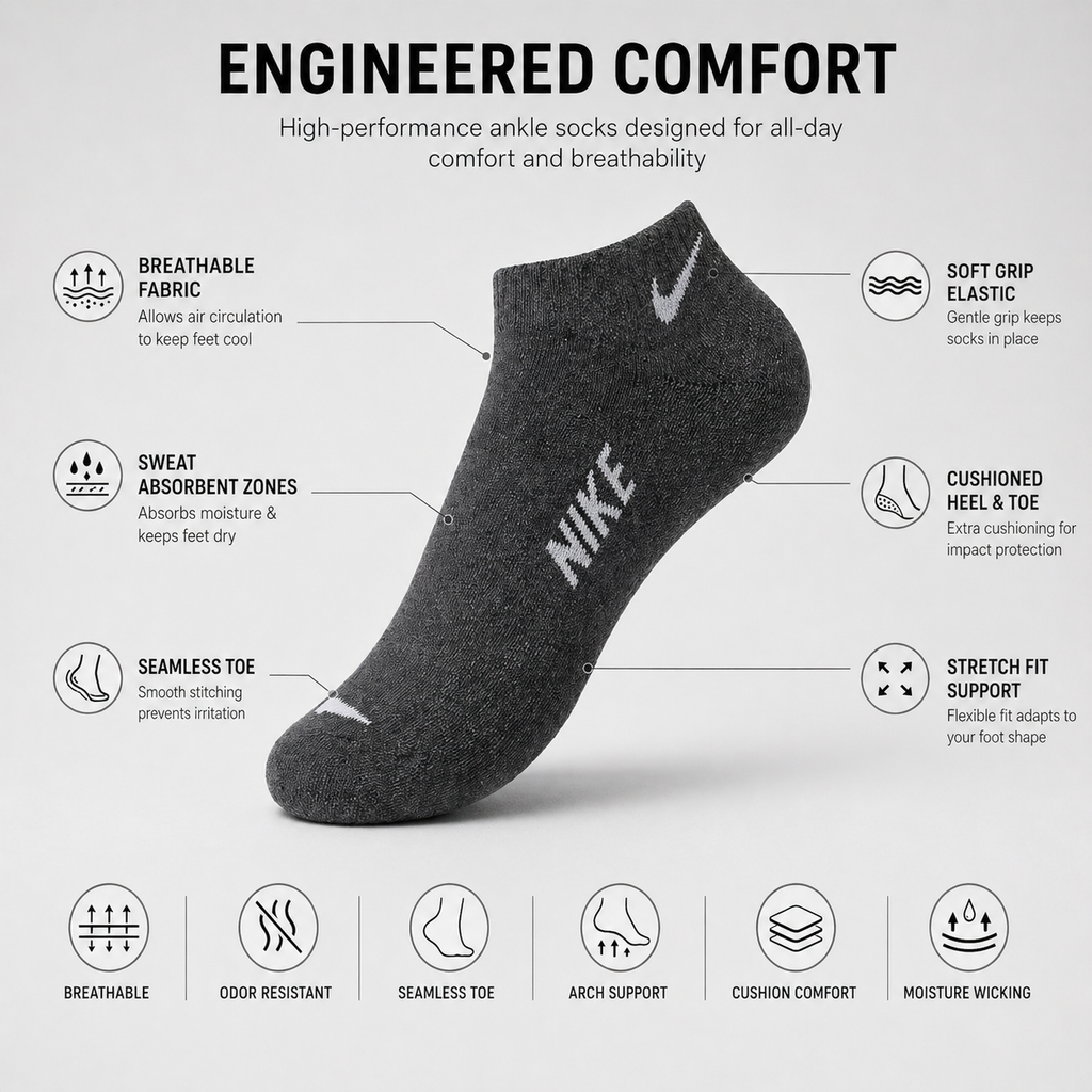 Nike + Crown Heart 6 Pairs Ankle Socks Combo – Everyday Comfort & Style (Black, Grey, White)
