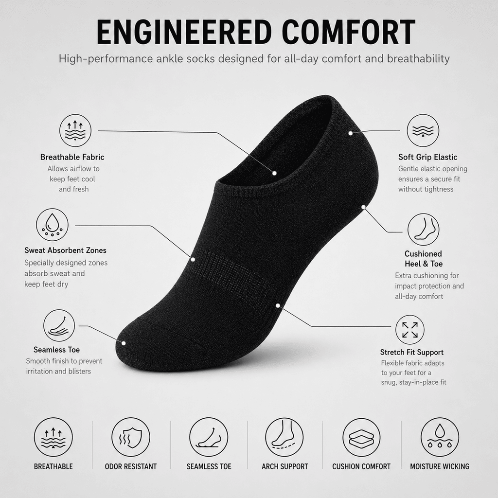 3 Pair No Show Socks – Everyday Comfort (Black)