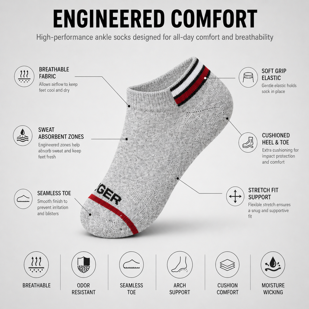 Tommy Hilfiger + Reebok 6 Pairs Ankle Socks Combo – Everyday Comfort & Style (Black, Grey, White)