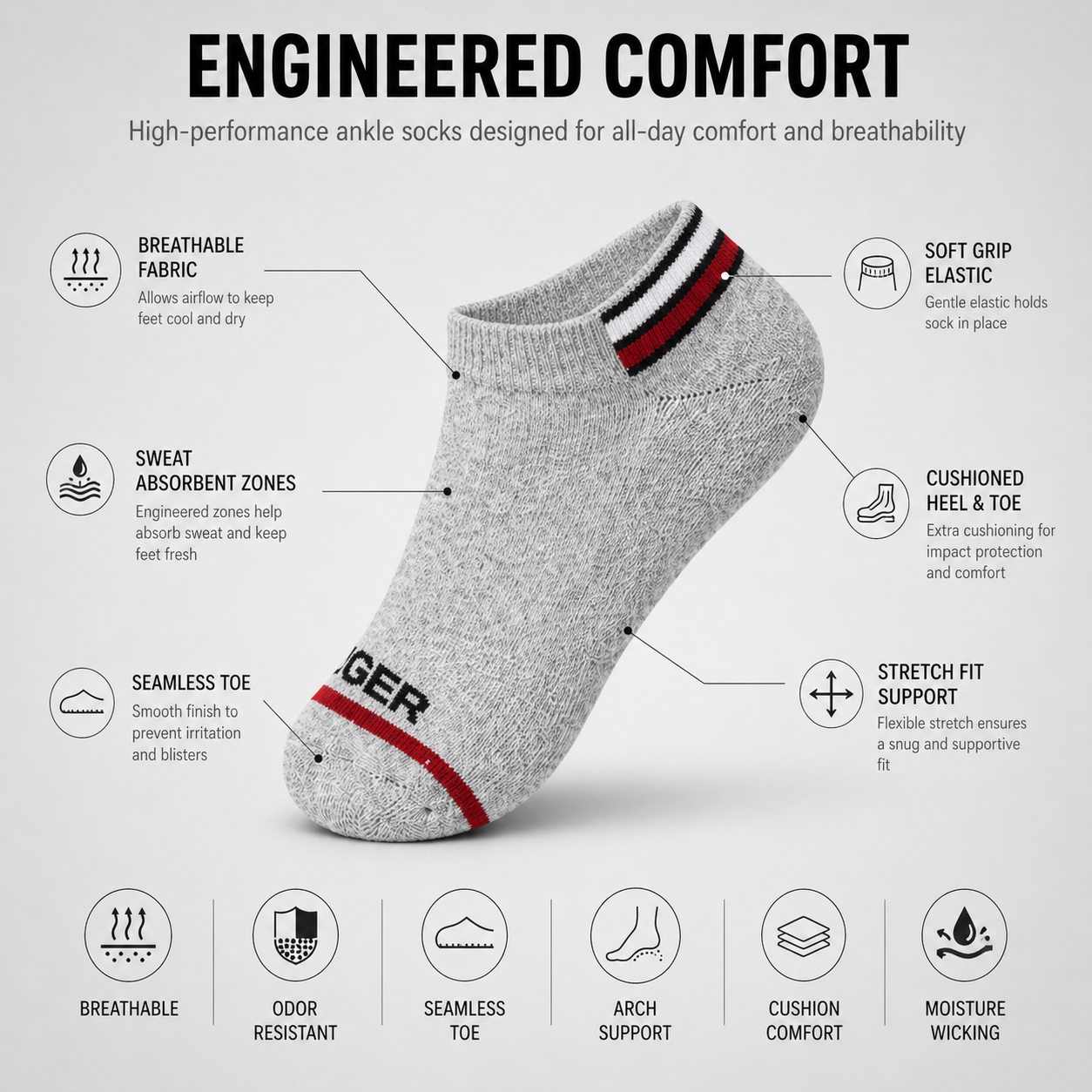 Tommy Hilfiger + Nike 6 Pairs Ankle Socks Combo – Everyday Comfort & Style (Black, White, Grey)