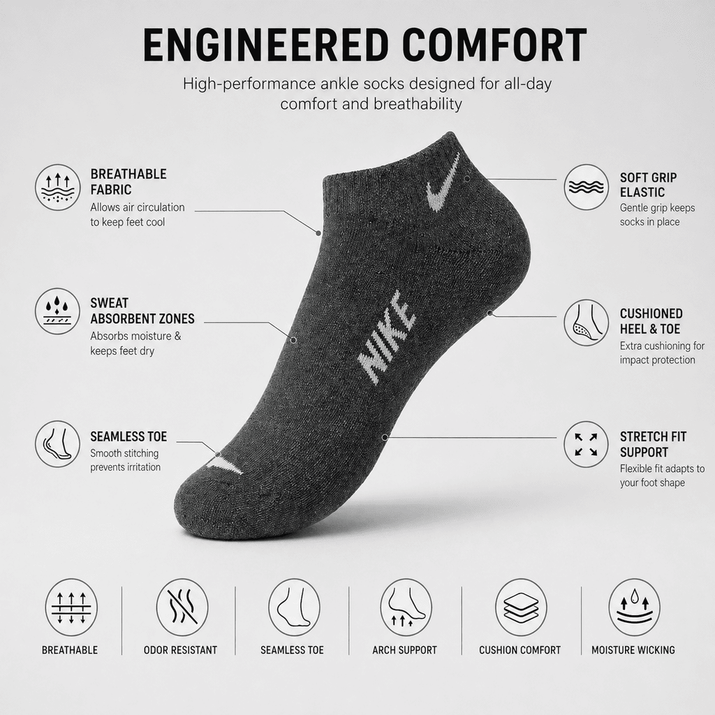 Nike 3 Pair Ankle Socks – Everyday Comfort (Dark Grey, White, Black)
