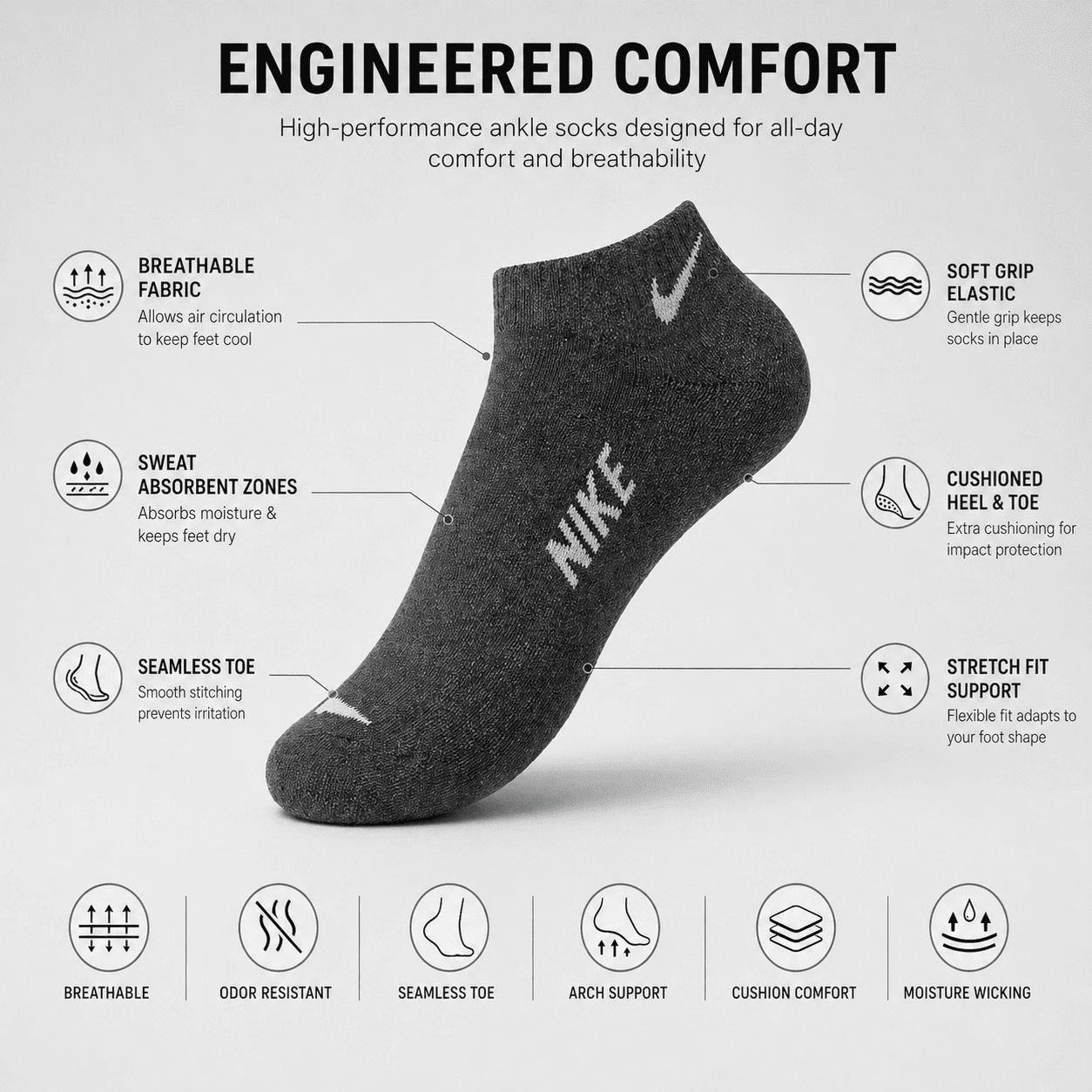 Nike 3 Pair Ankle Socks – Everyday Comfort (Dark Grey, White, Black)