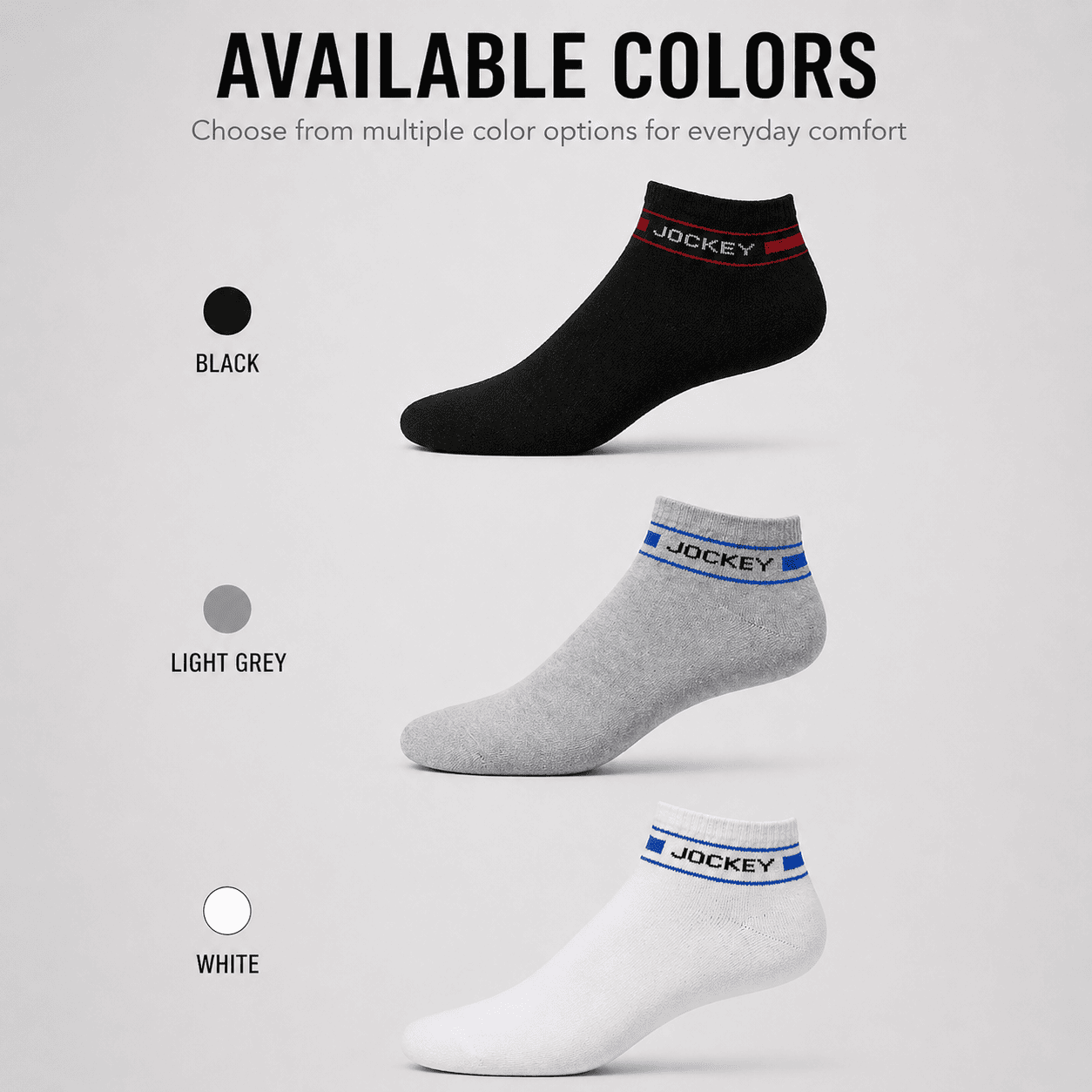 Jockey 3 Pair Ankle Socks – Everyday Comfort (Black, Light Grey, White)