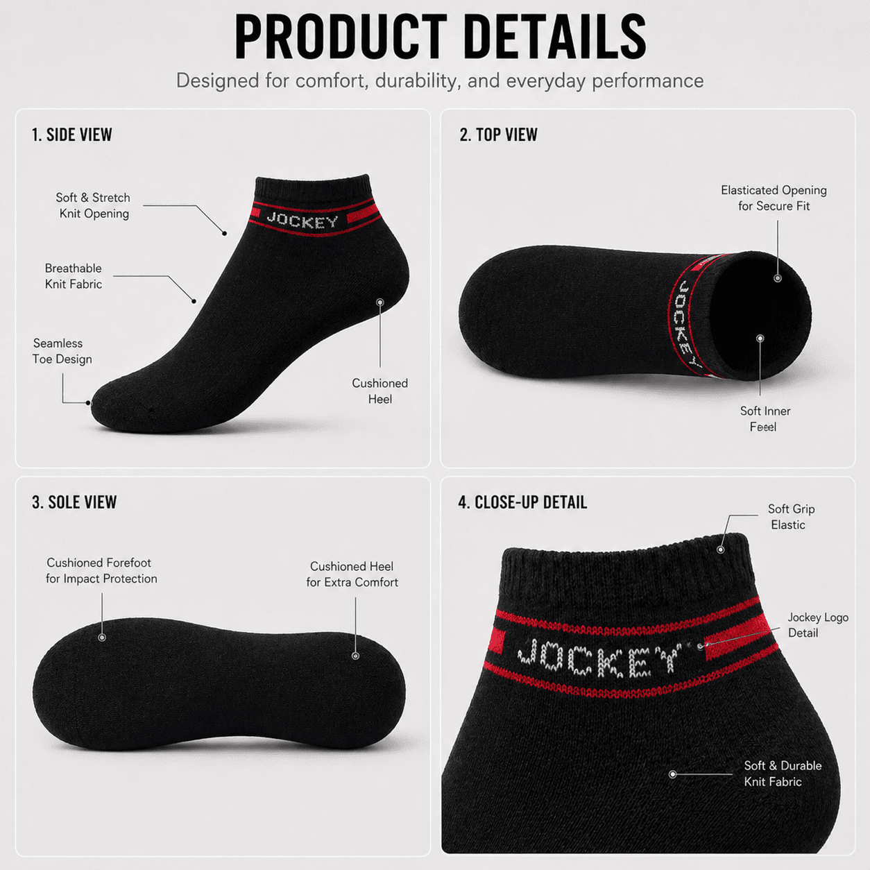 Jockey 3 Pair Ankle Socks – Everyday Comfort (Black, Light Grey, White)