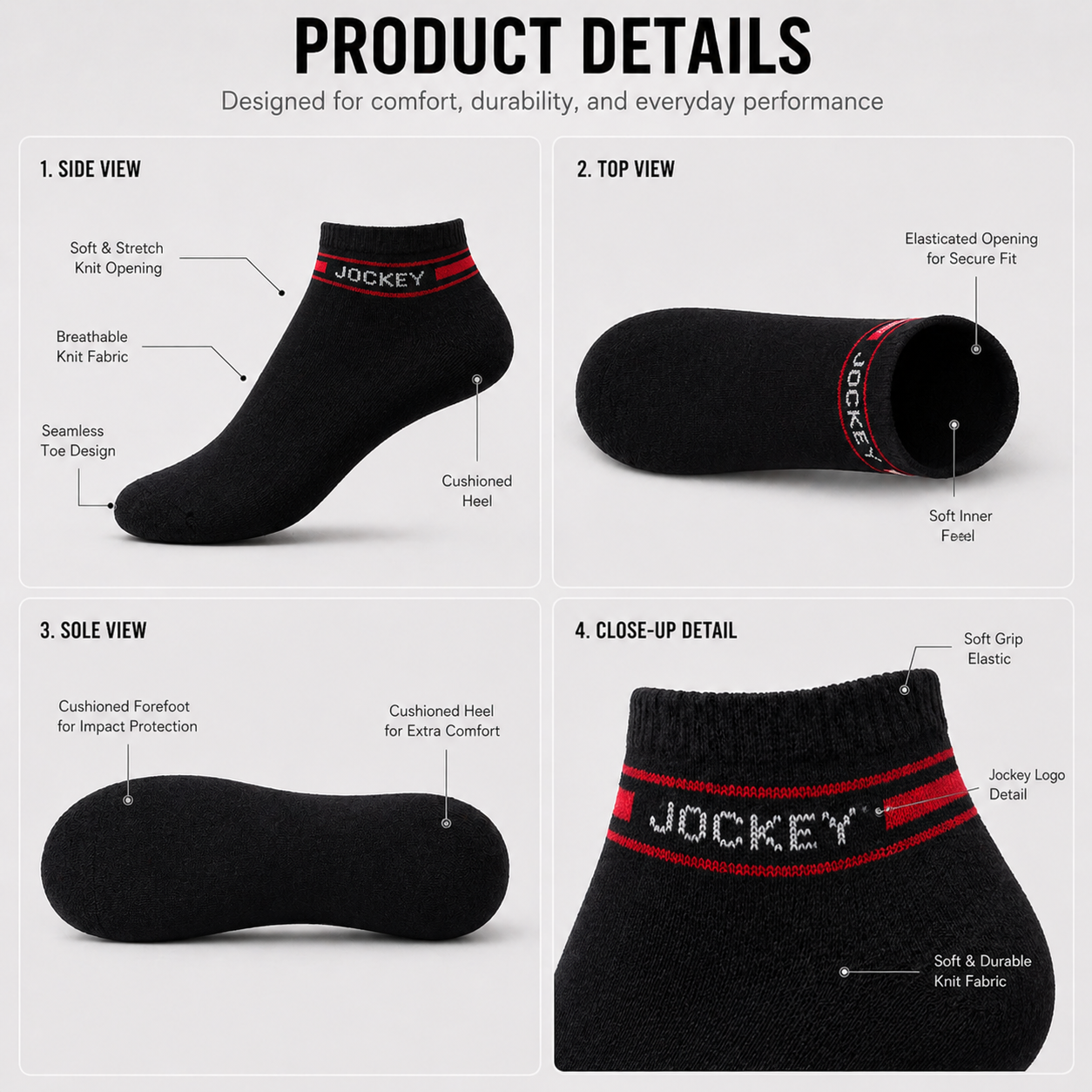 Jockey + US Polo Assn 6 Pairs Ankle Socks Combo – Everyday Comfort & Style (Black, White, Grey)