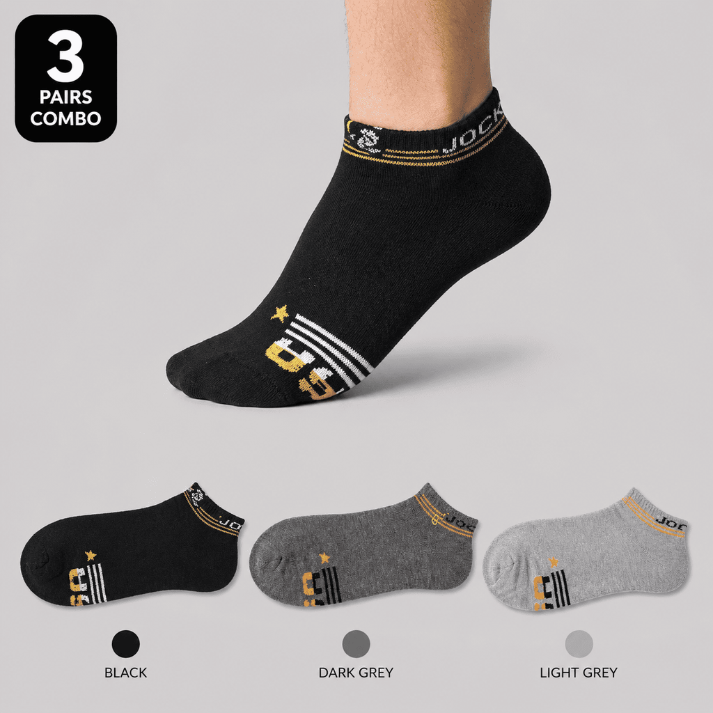Jockey 3 Pair Ankle Socks – Everyday Comfort (Black, Dark Grey, Light Grey)