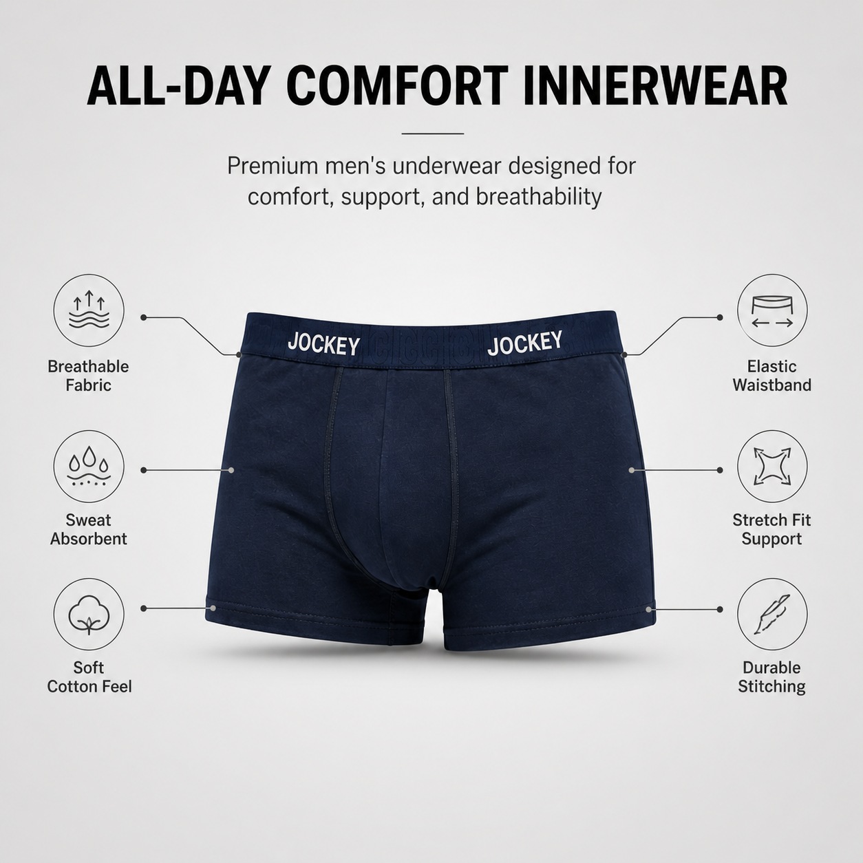 JOCKEY 3 Pack Trunks – Comfortable Everyday Innerwear (Navy, Heather Grey, Black)