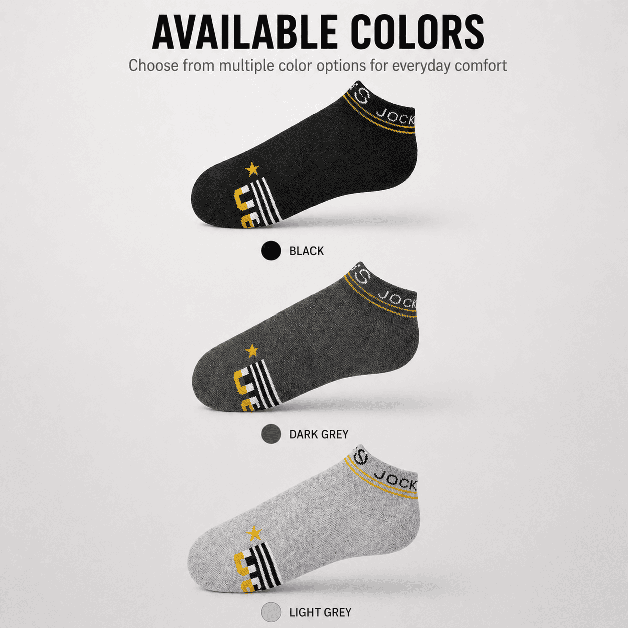Jockey 3 Pair Ankle Socks – Everyday Comfort (Black, Dark Grey, Light Grey)