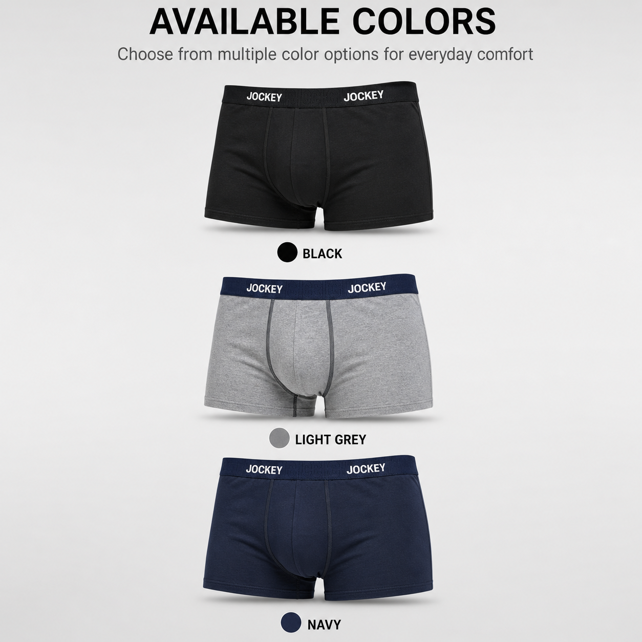 JOCKEY 3 Pack Trunks – Comfortable Everyday Innerwear (Navy, Heather Grey, Black)