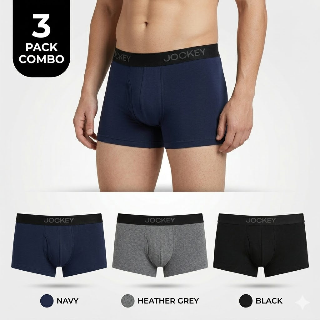 JOCKEY 3 Pack Trunks – Comfortable Everyday Innerwear (Navy, Heather Grey, Black)