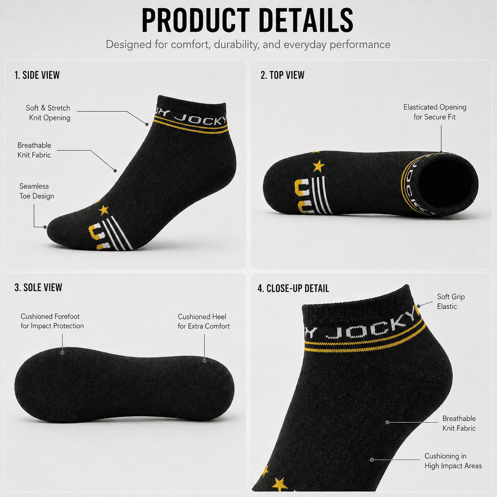 Jockey 3 Pair Ankle Socks – Everyday Comfort (Black, Dark Grey, Light Grey)