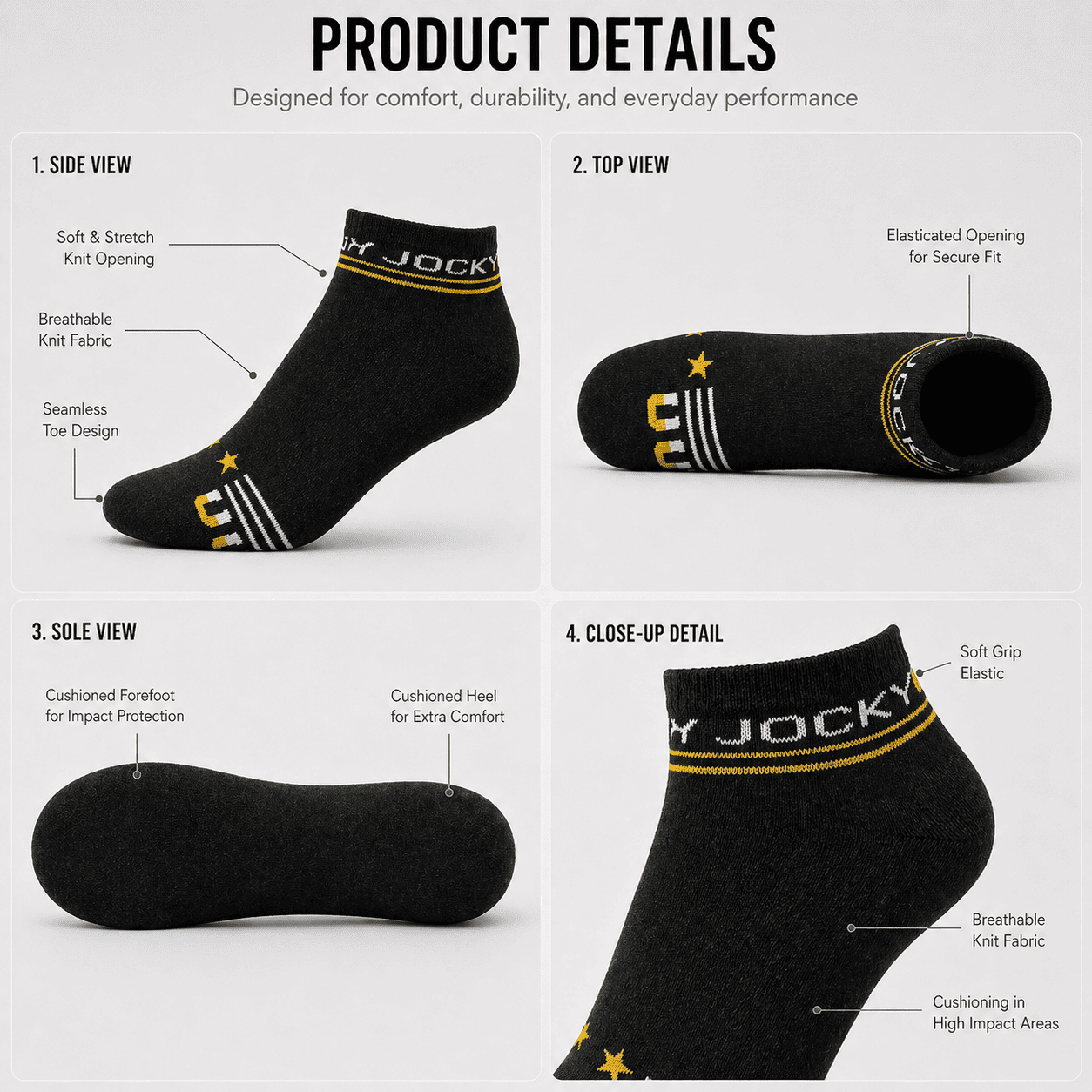 Jockey 3 Pair Ankle Socks – Everyday Comfort (Black, Dark Grey, Light Grey)