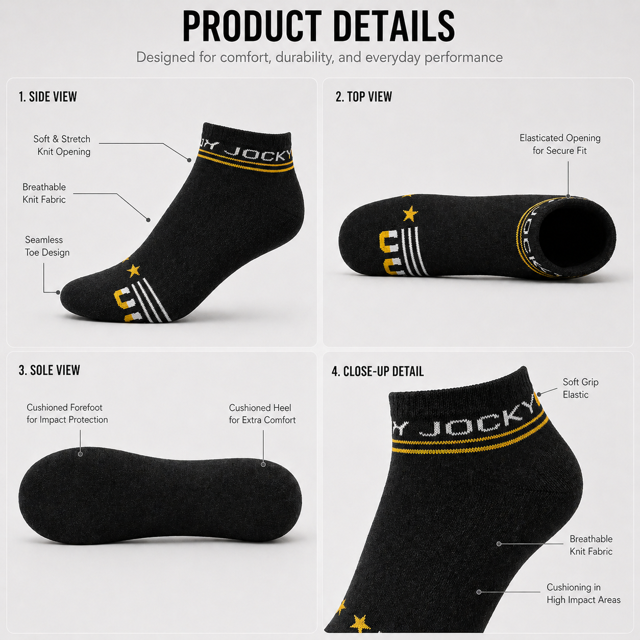 Reebok + Jockey 6 Pairs Ankle Socks Combo – Everyday Comfort & Style (Black, Grey, Light Grey)