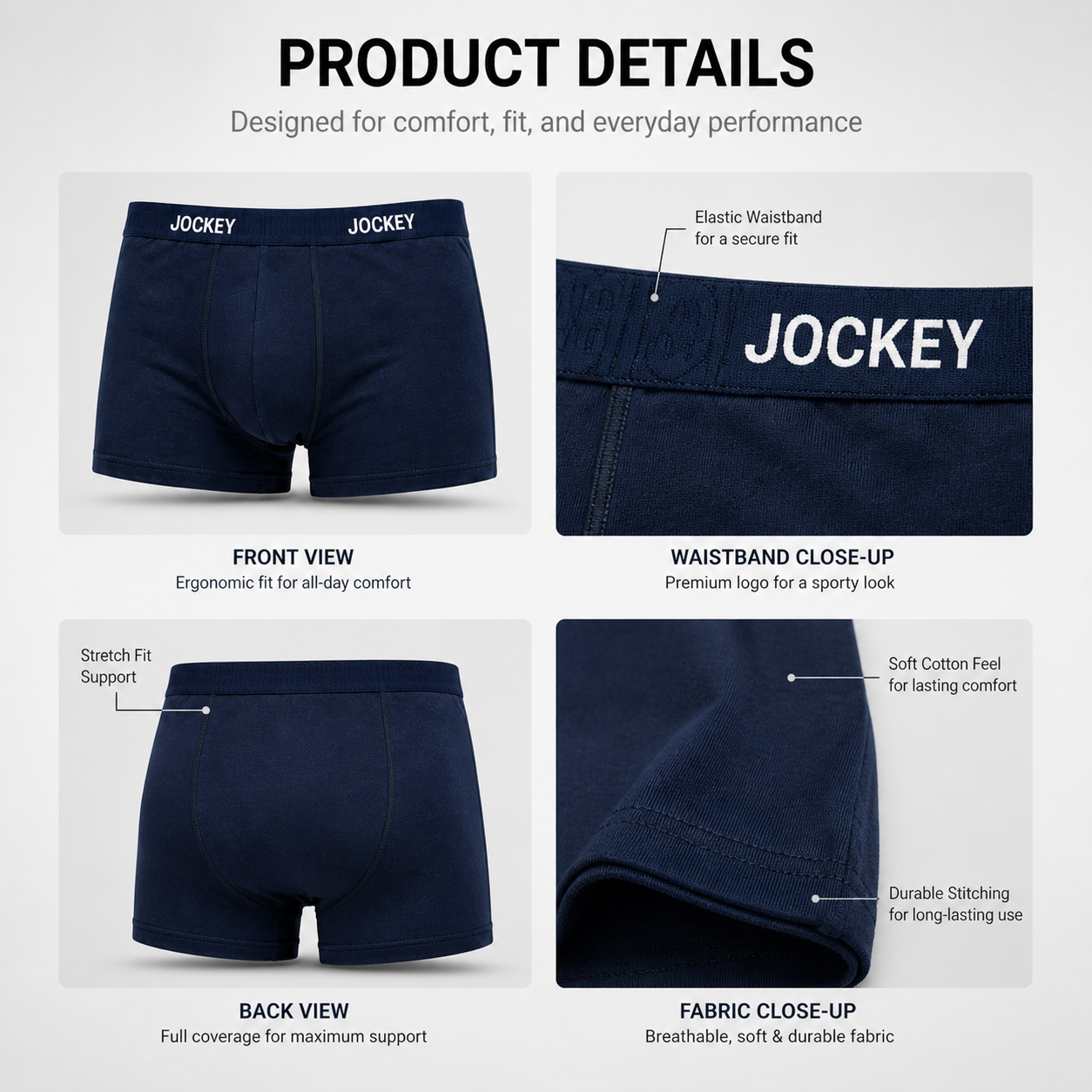 JOCKEY 3 Pack Trunks – Comfortable Everyday Innerwear (Navy, Heather Grey, Black)