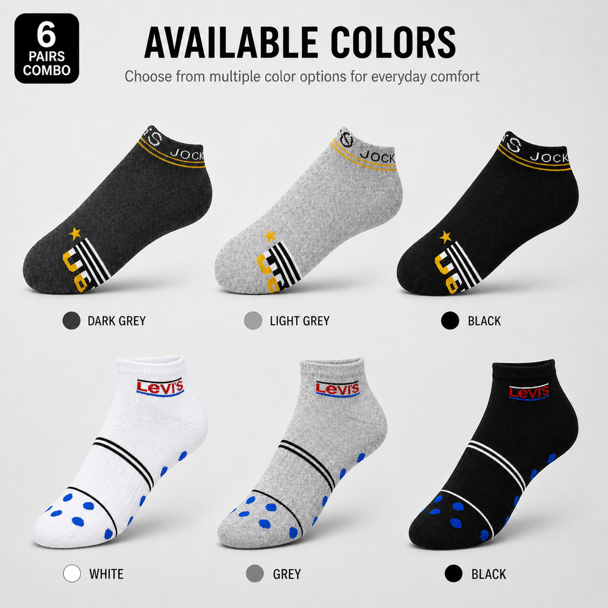 Jockey + Levi’s 6 Pairs Ankle Socks Combo – Everyday Comfort & Style (Black, Grey, White)