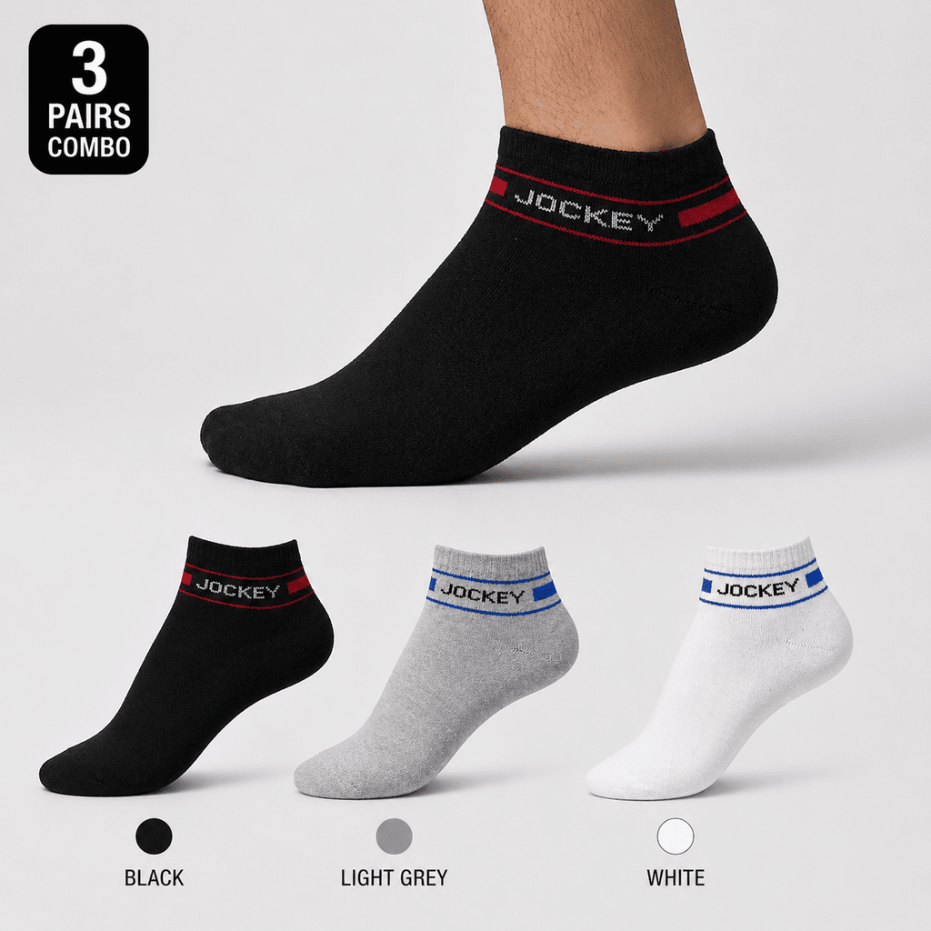 Jockey 3 Pair Ankle Socks – Everyday Comfort (Black, Light Grey, White)