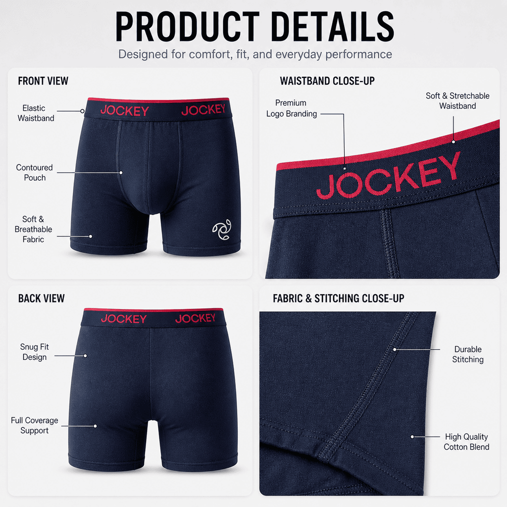 Jockey 3 Pack Trunks – Comfortable Everyday Innerwear (Black, Light Grey, Navy Blue)