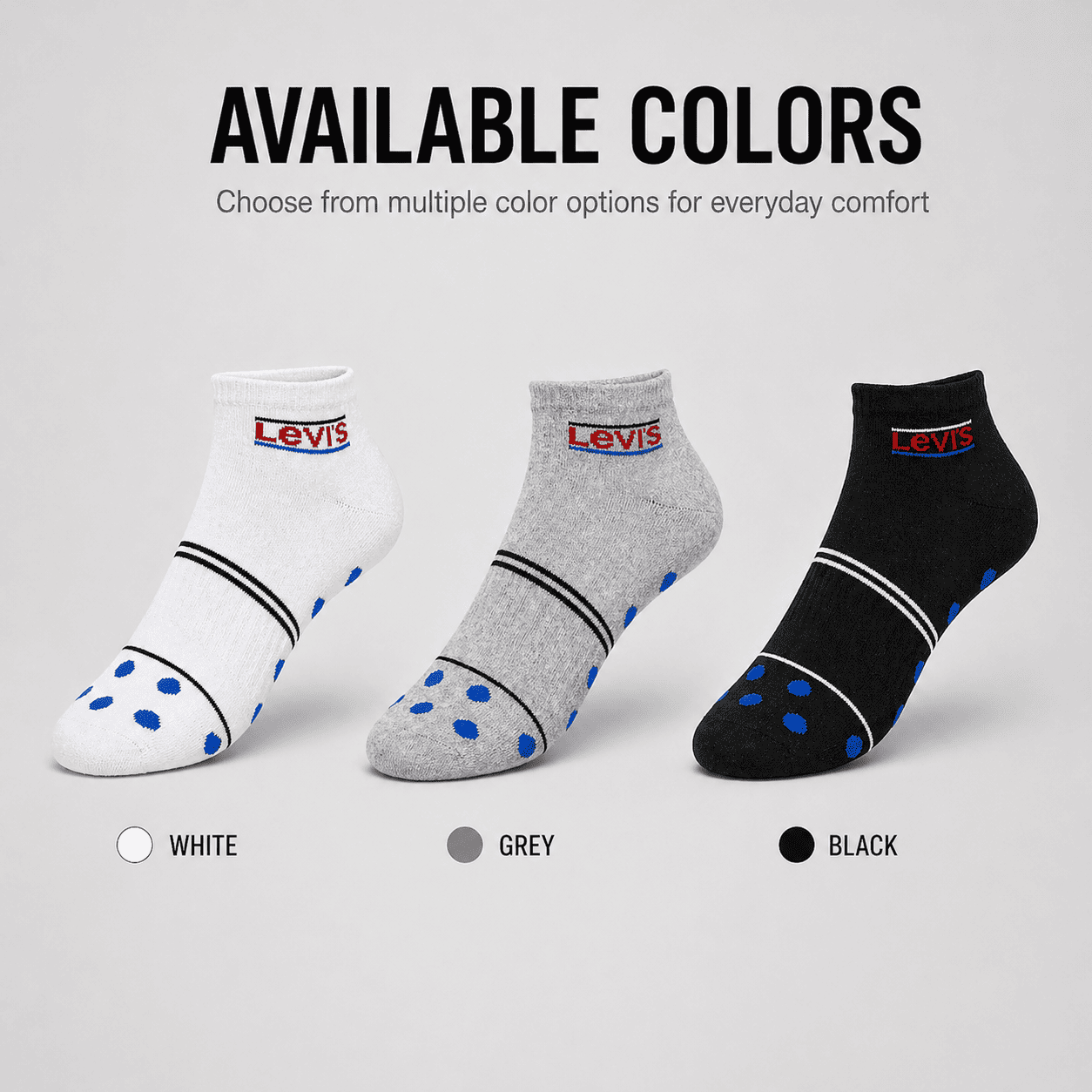 Levi's 3 Pair Ankle Socks – Everyday Comfort (White, Grey, Black)