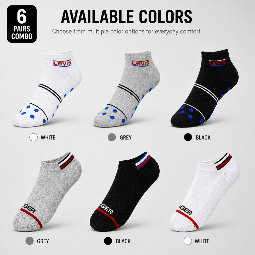 Levi’s + Tommy Hilfiger 6 Pairs Ankle Socks Combo – Everyday Comfort & Style (Black, Grey, White)