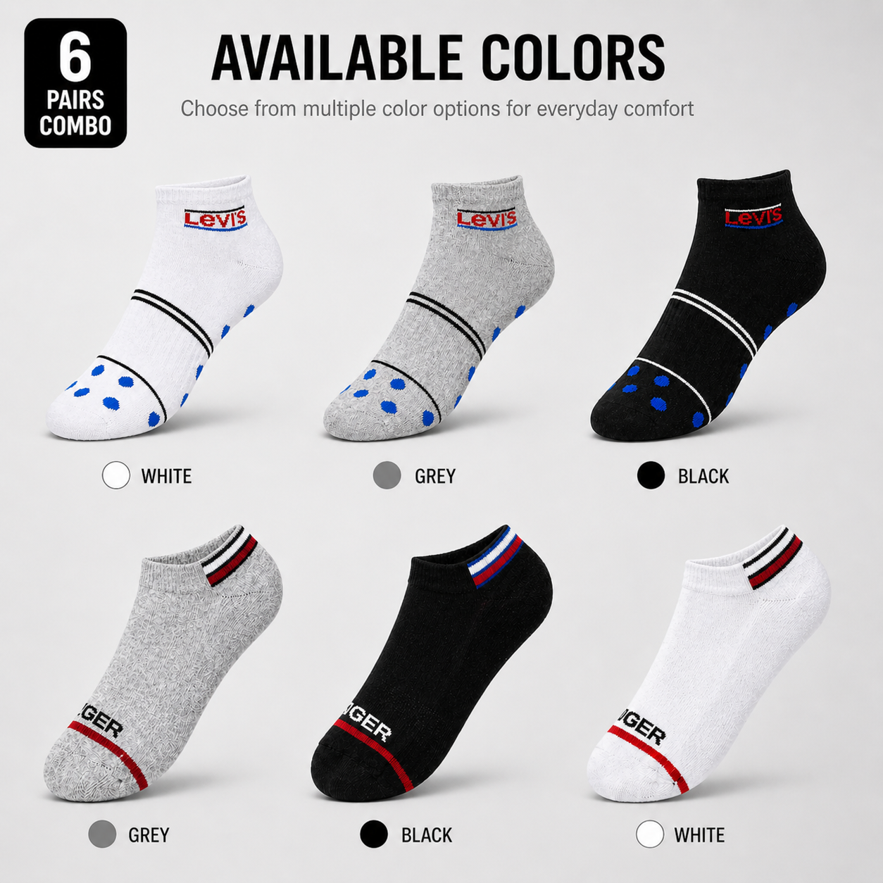 Levi’s + Tommy Hilfiger 6 Pairs Ankle Socks Combo – Everyday Comfort & Style (Black, Grey, White)