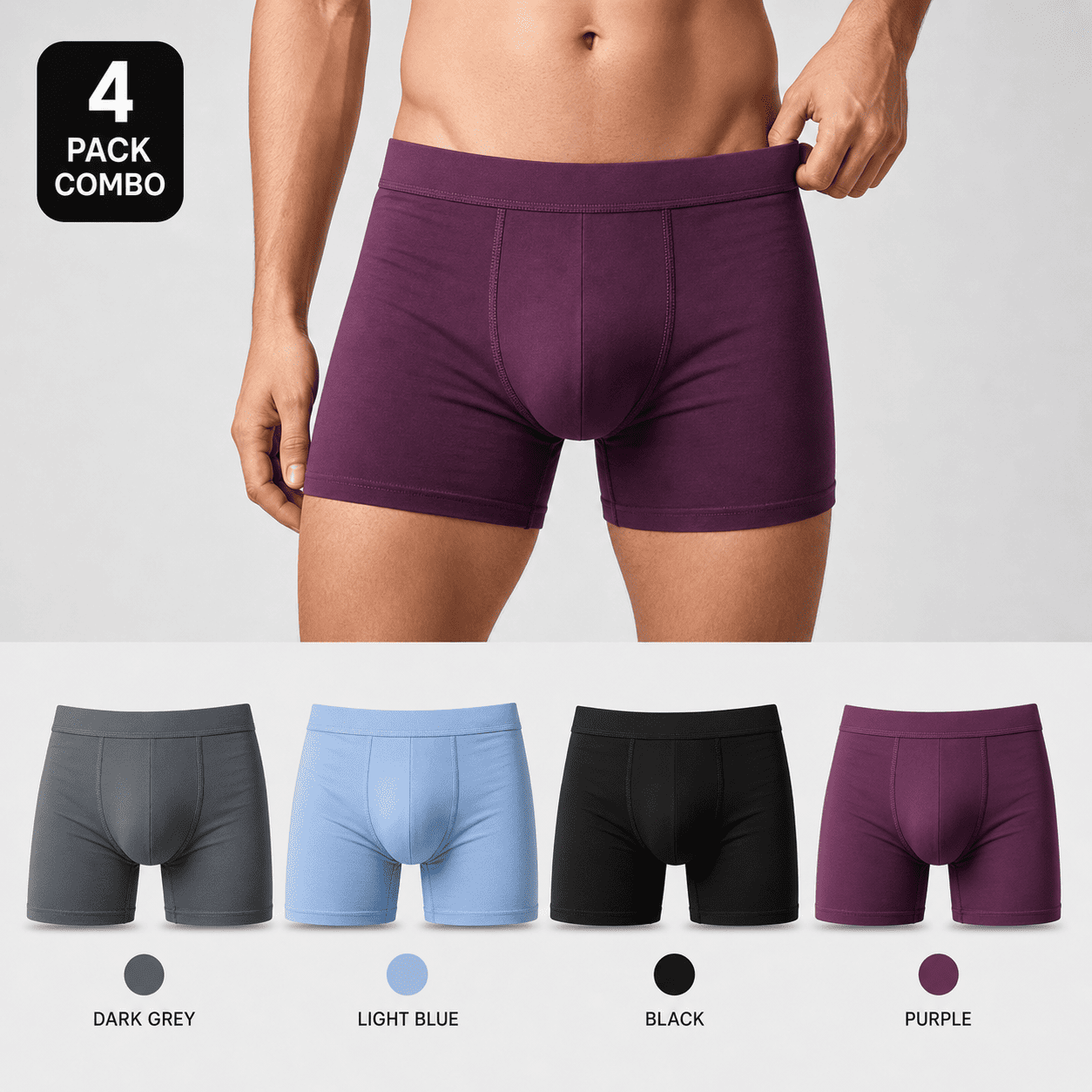 4 Pack Trunks – Comfortable Everyday Innerwear (Black, Dark Grey, Light Blue)